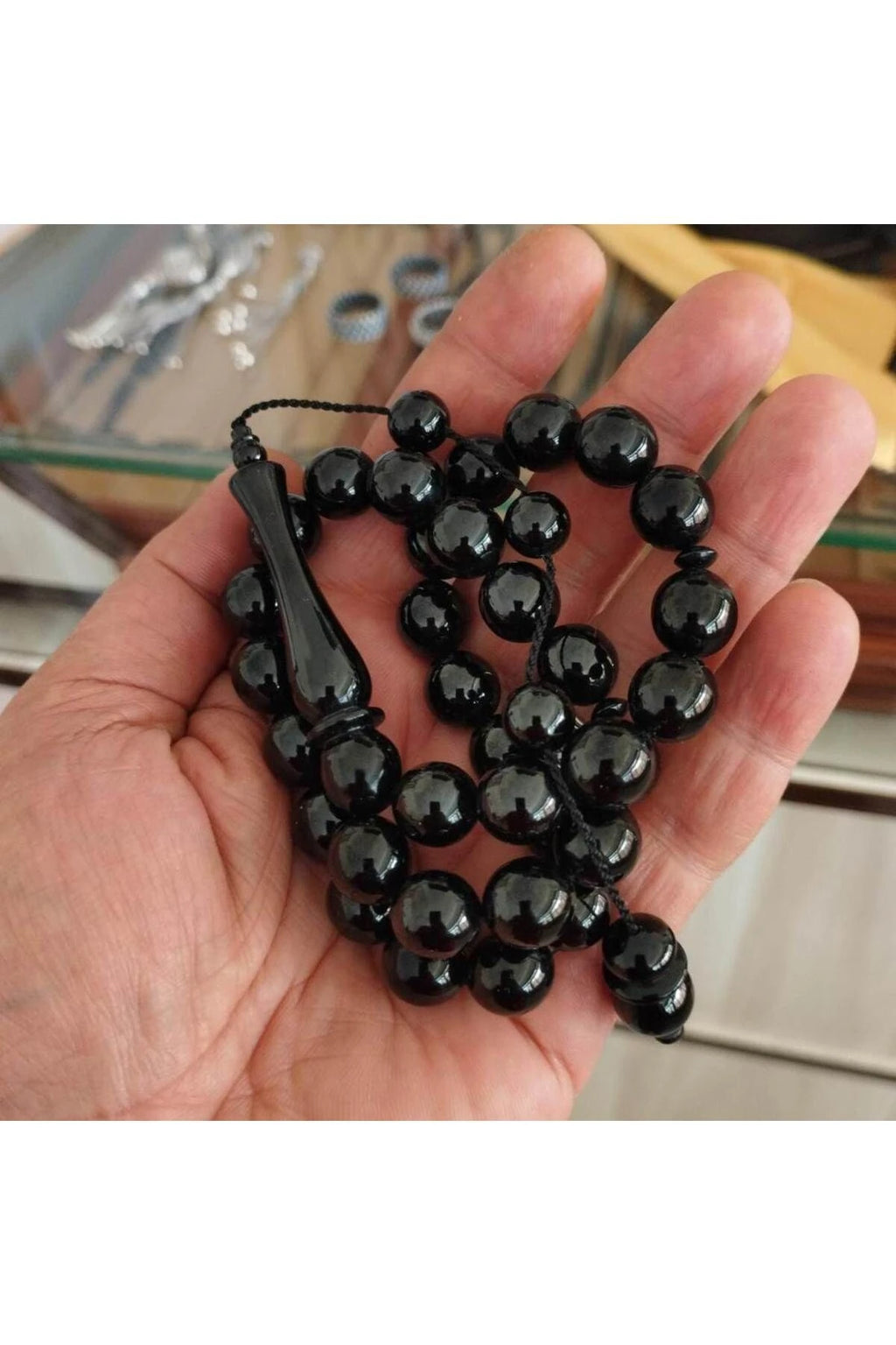 Sertifikalı Erzurum Oltu Taşı Küre Kesim Sistemli Kumpaslı Sade Tesbih 12 mm
