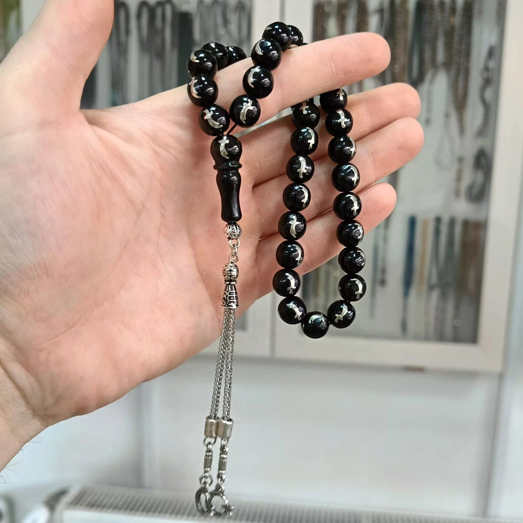 Küre Kesim Gümüş Zülfikar Kılıcı İşlemeli Oltu Taşı Tesbih 10 mm