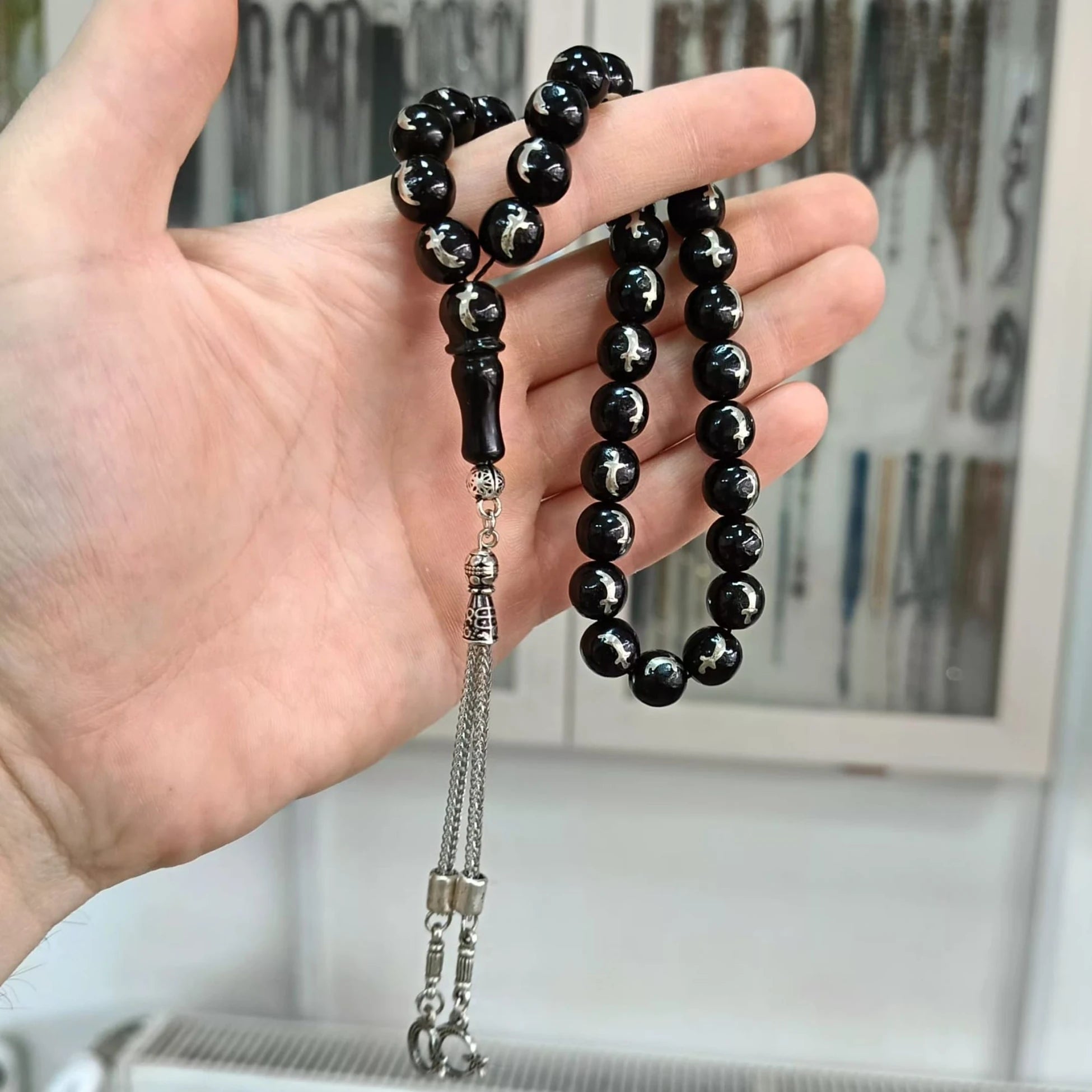 Küre Kesim Gümüş Zülfikar Kılıcı İşlemeli Oltu Taşı Tesbih 10 mm