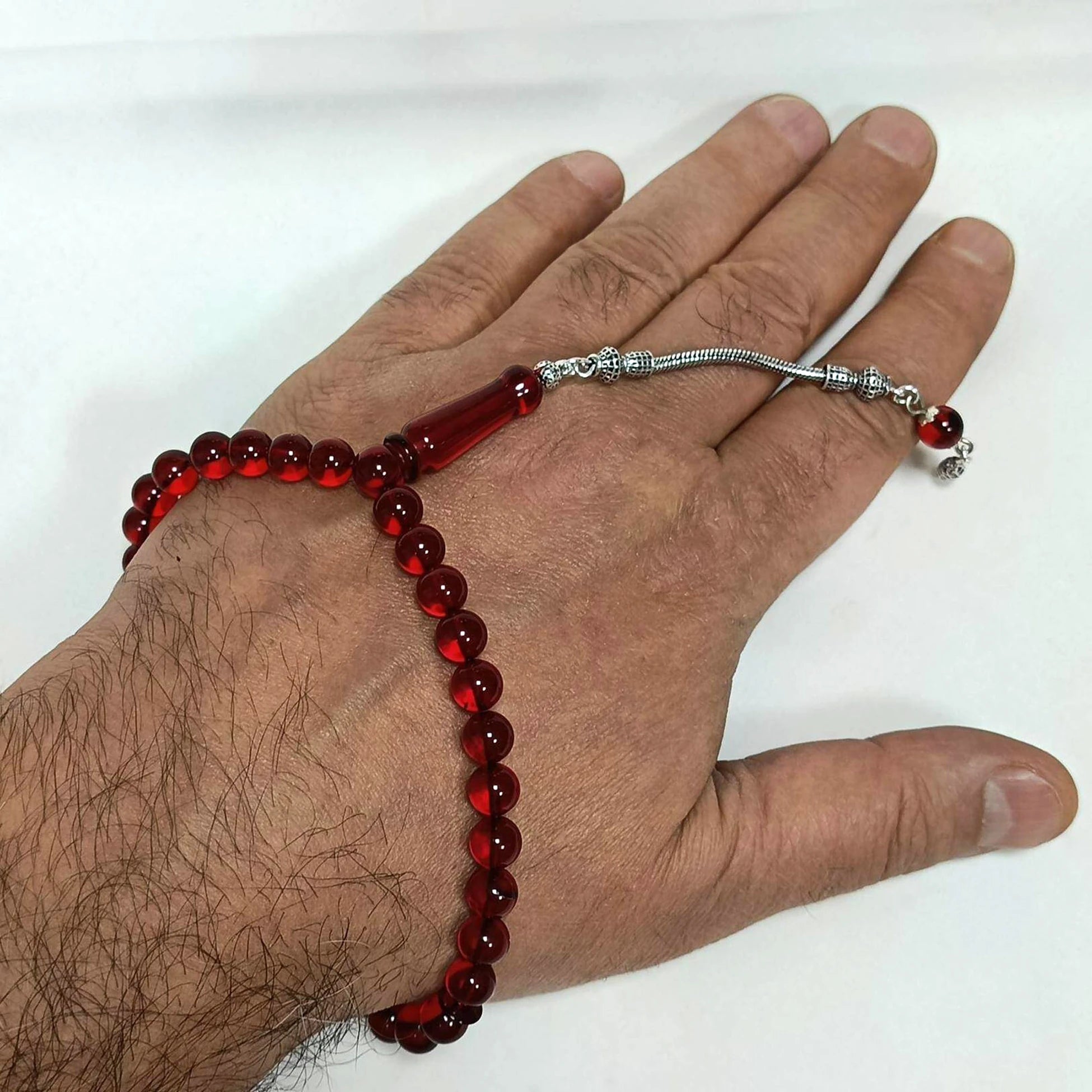 Bilek Boy Küre Kesim Kırmızı Dominik Damla Ateş Kehribar Tesbih 7,5 mm