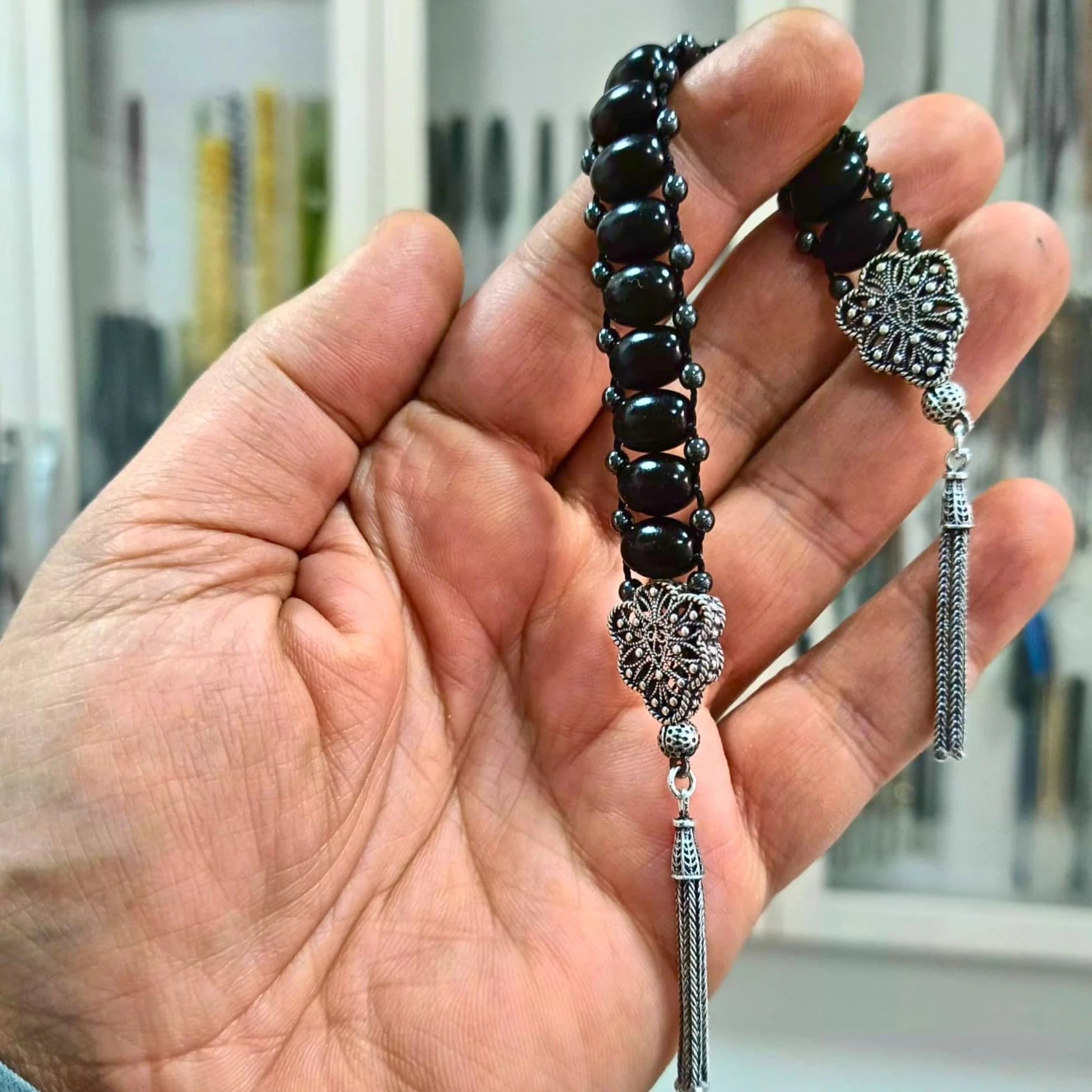 925 Ayar Gümüş Hematit ve Gürcistan Oltu Taşı Zaza Tesbih 25 cm