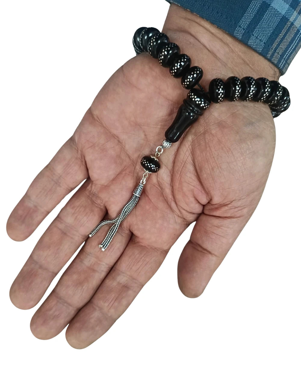 Gümüş Püsküllü Gümüş İŞlemeli Bilek Boy Tekerlek Kesim Gürcistan Oltu Taşı Tesbih 12 x 7 mm