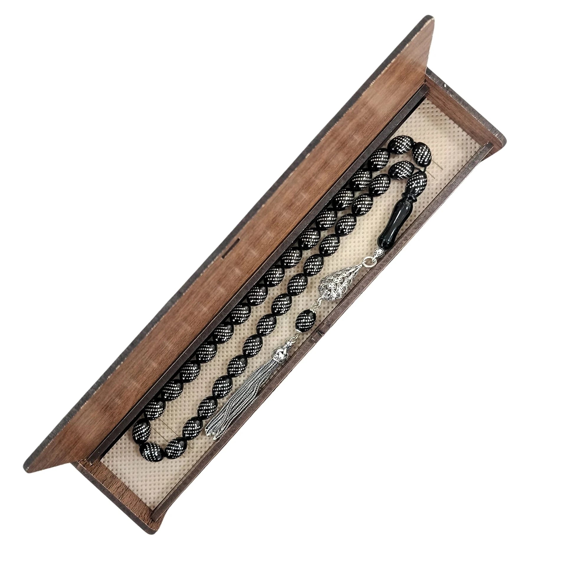 Özel Tasarım Yoğun Gümüş İşlemeli Sertifikalı Erzurum Oltu Taşı Tesbih 8 X 11 mm