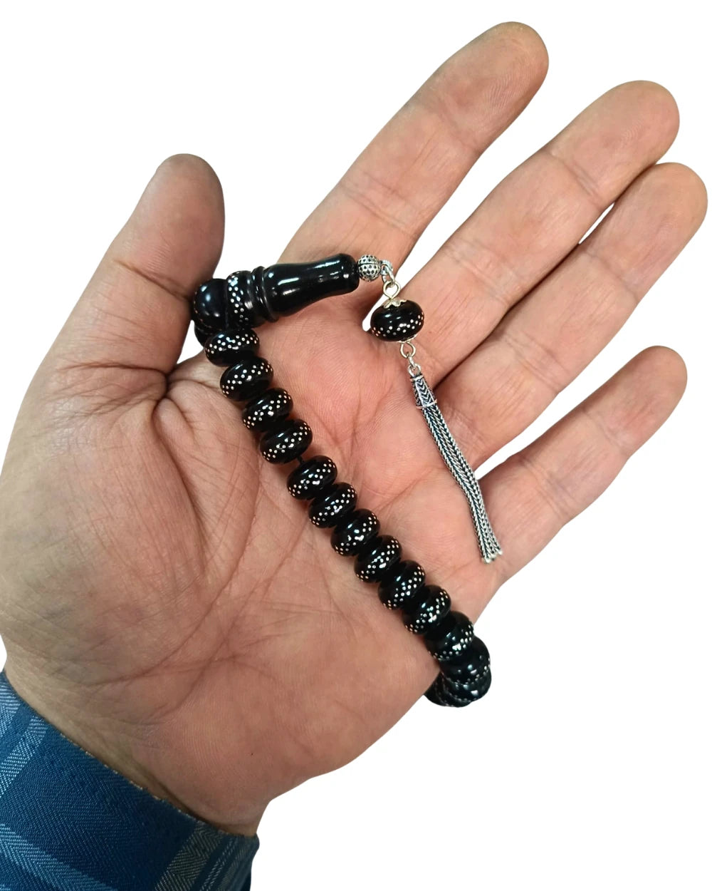 Gümüş Püsküllü Gümüş İŞlemeli Bilek Boy Tekerlek Kesim Gürcistan Oltu Taşı Tesbih 12 x 7 mm