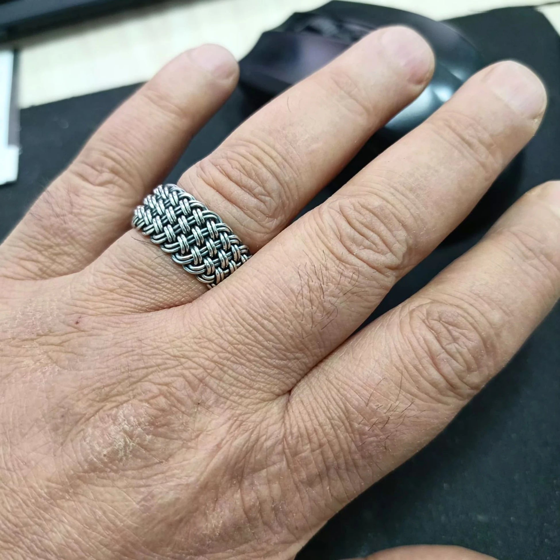 Hasır Örgü El Yapımı Gümüş Yüzük 10 mm