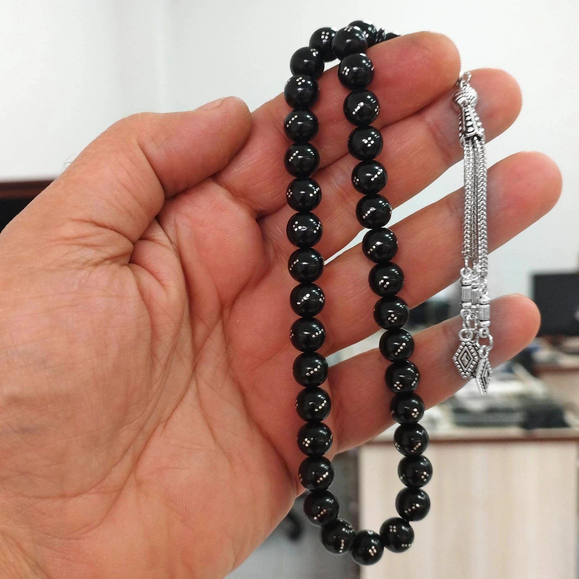 Gümüş İşlemeli Kaplama Püsküllü Oltu Tesbih