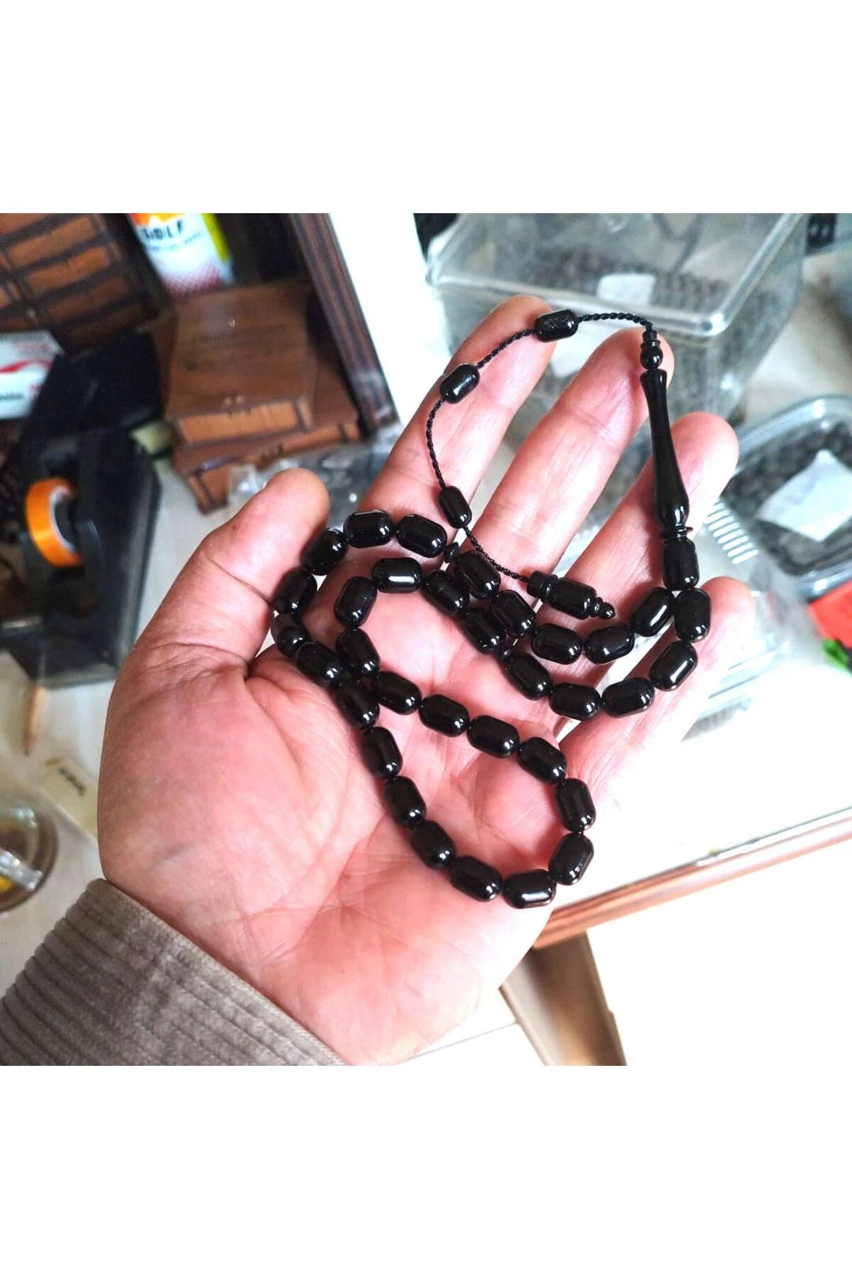 Erkek Siyah Kapsül Kesim Erzurum Oltu Taşı Tesbih Sistemli Kumpaslı 8 X 12 Mm