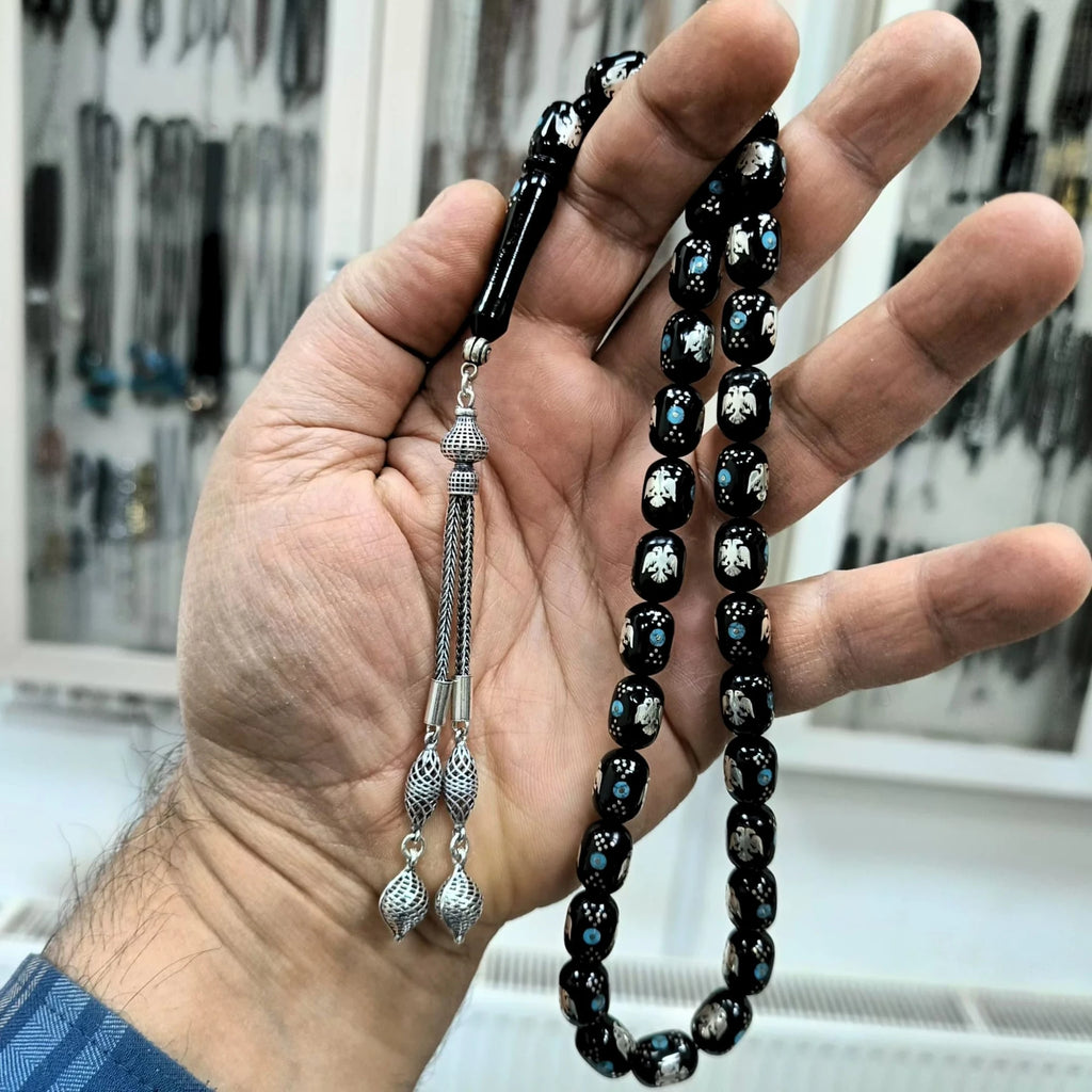 Özel Seri Sertifikalı Erzurum Oltu Taşı Gümüş İşlemeli Tesbih