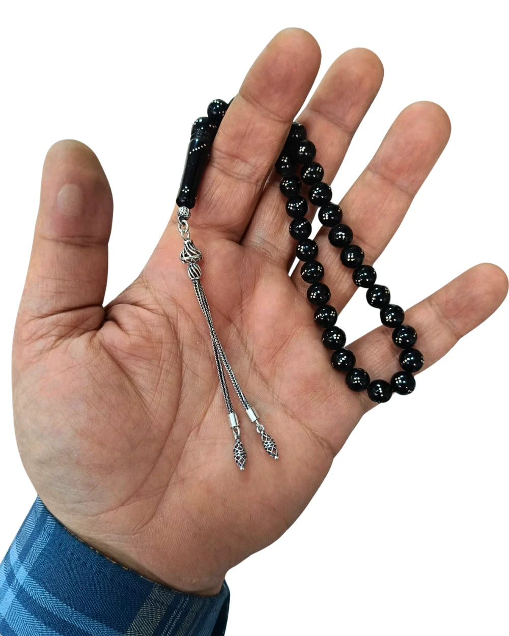 Gümüş İşlemeli Gümüş Püsküllü Sertifikalı Erzurum Oltu Taşı Bilek Boy Tesbih 8 mm