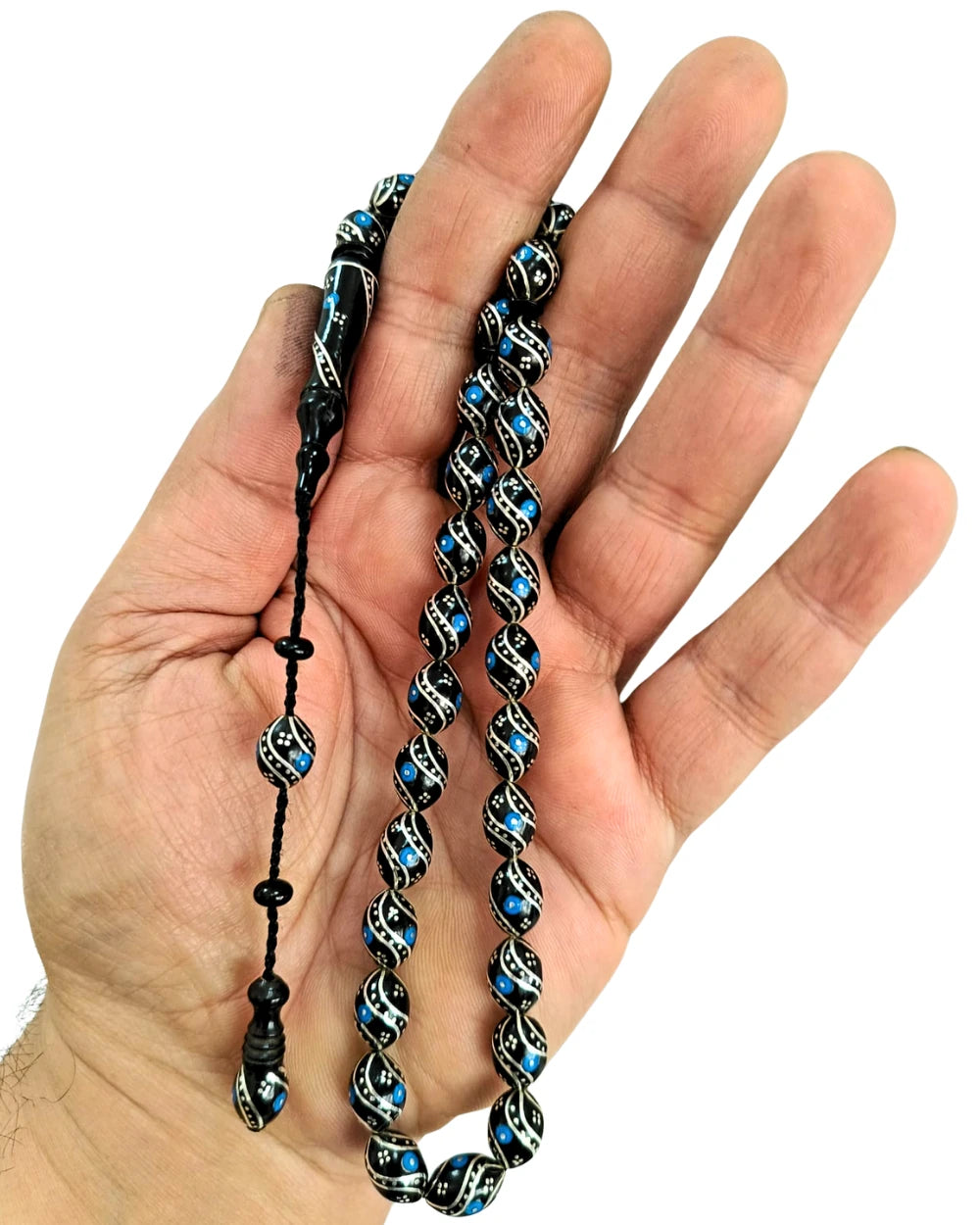 Firuze ve Gümüş İşlemeli Hakiki Erzurum Oltu Taşı Tesbih 8 x 12 mm
