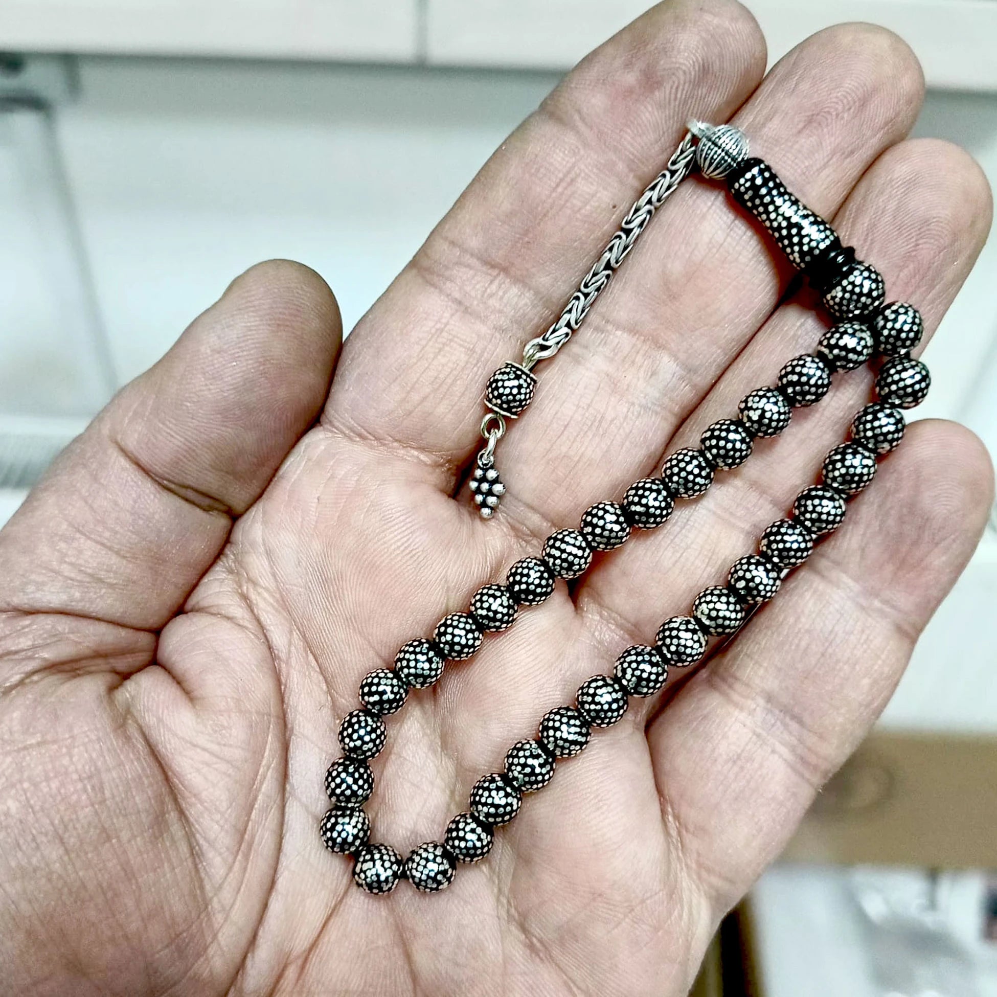 Yoğun Gümüş İşlemeli Gürcistan Oltu Taşı Mini Tesbih 6 mm