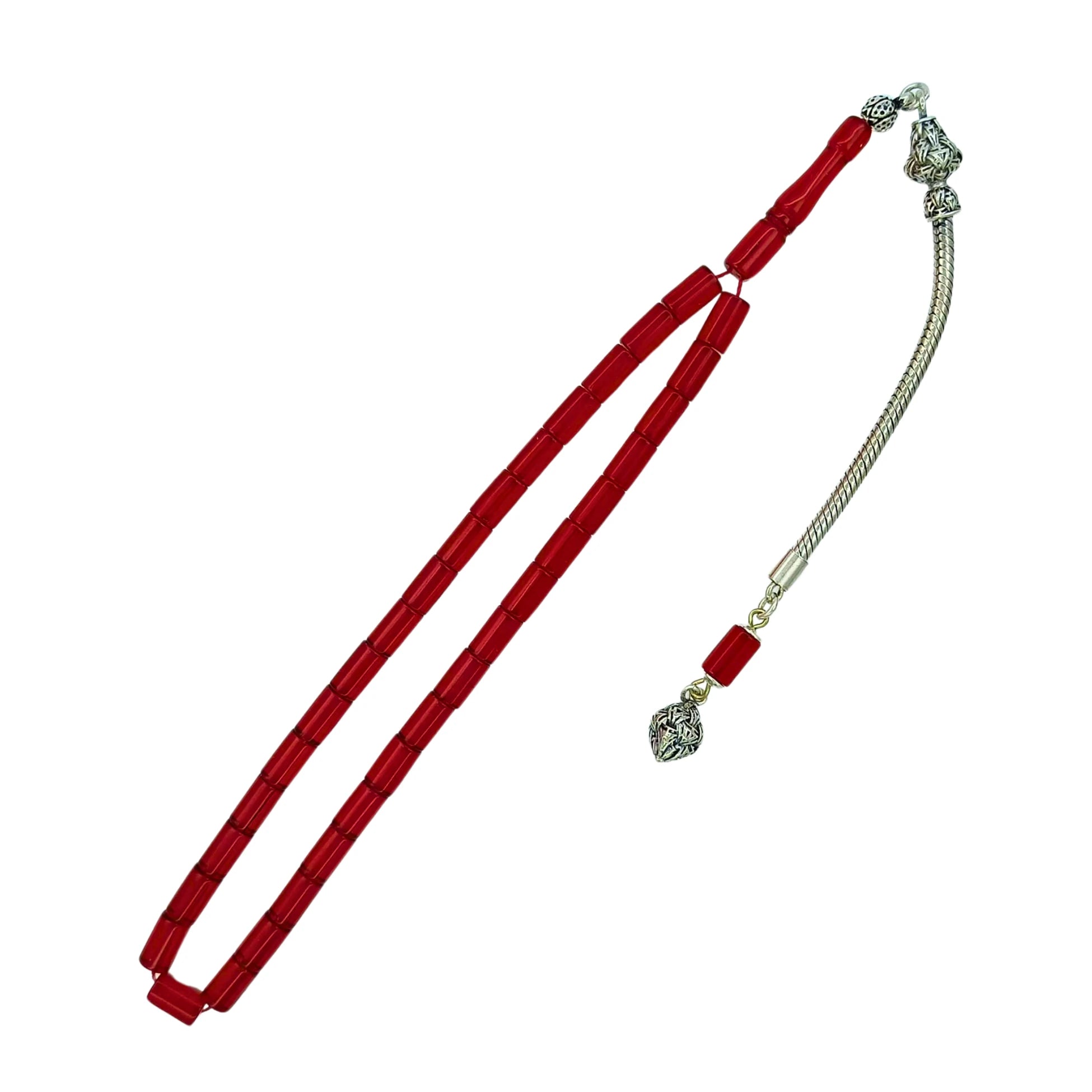 Gümüş Püsküllü Kesme Ateş Kehribar Tesbih 5 X 8 mm