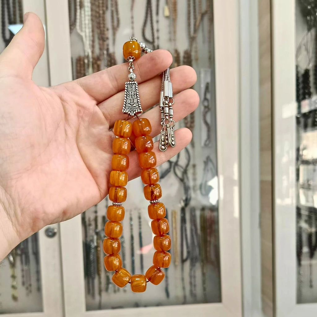 Eskitme Tarz Sarı Sıkma Kehribar Bilek Boy Tesbih 12 x 11 mm