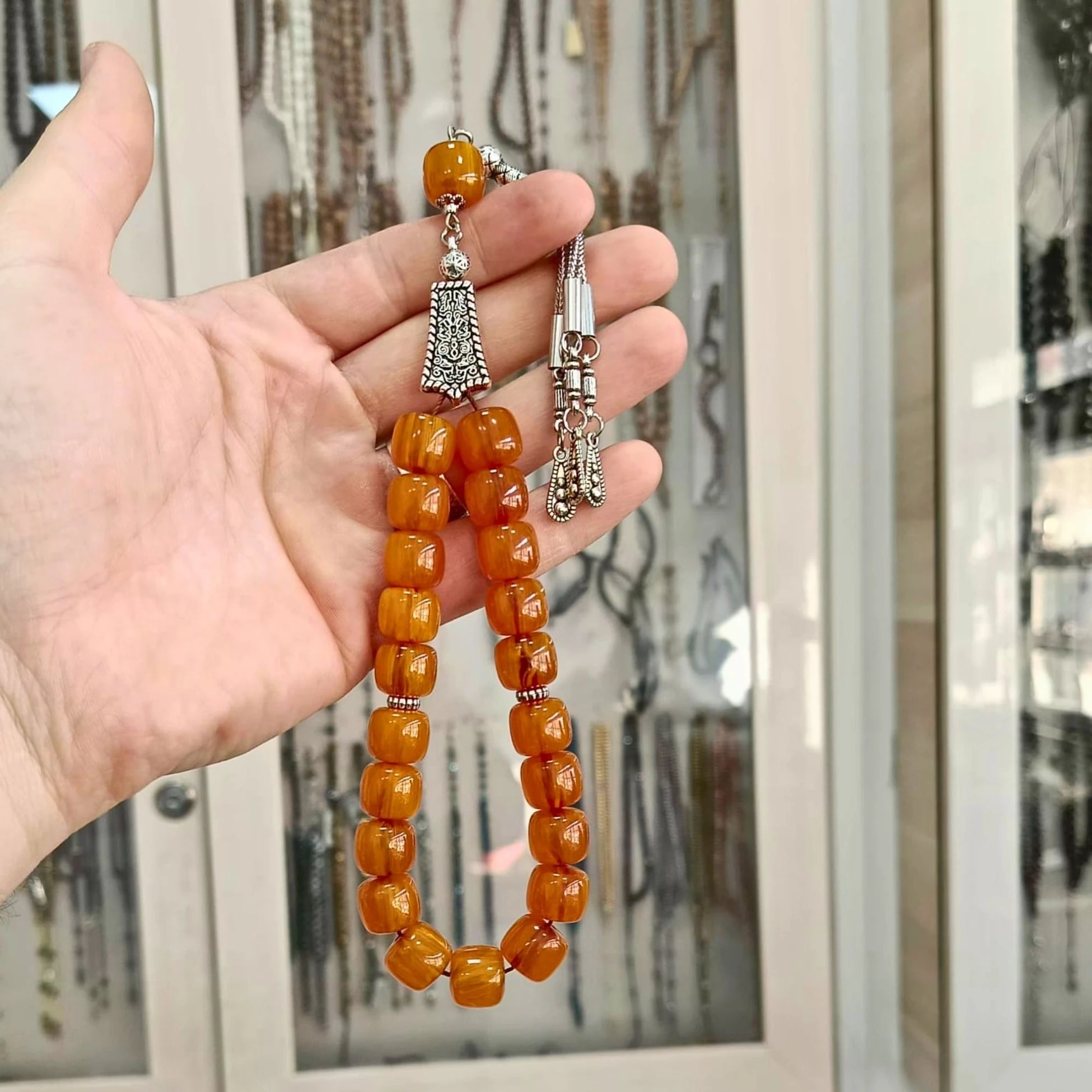 Eskitme Tarz Sarı Sıkma Kehribar Bilek Boy Tesbih 12 x 11 mm