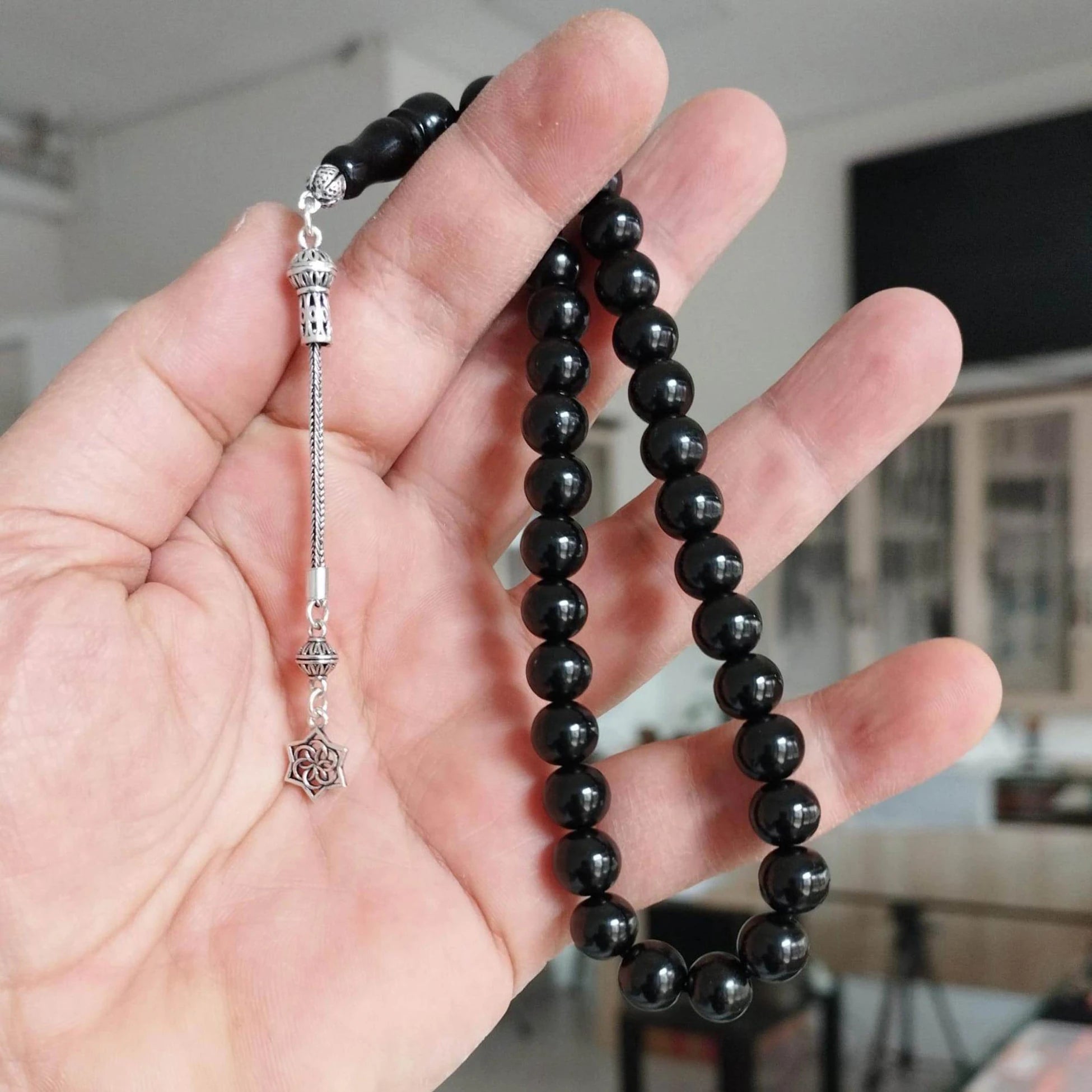 925 Ayar Gümüş Püsküllü Küre Kesim Gürcistan Oltu Taşı Tesbih 9 mm