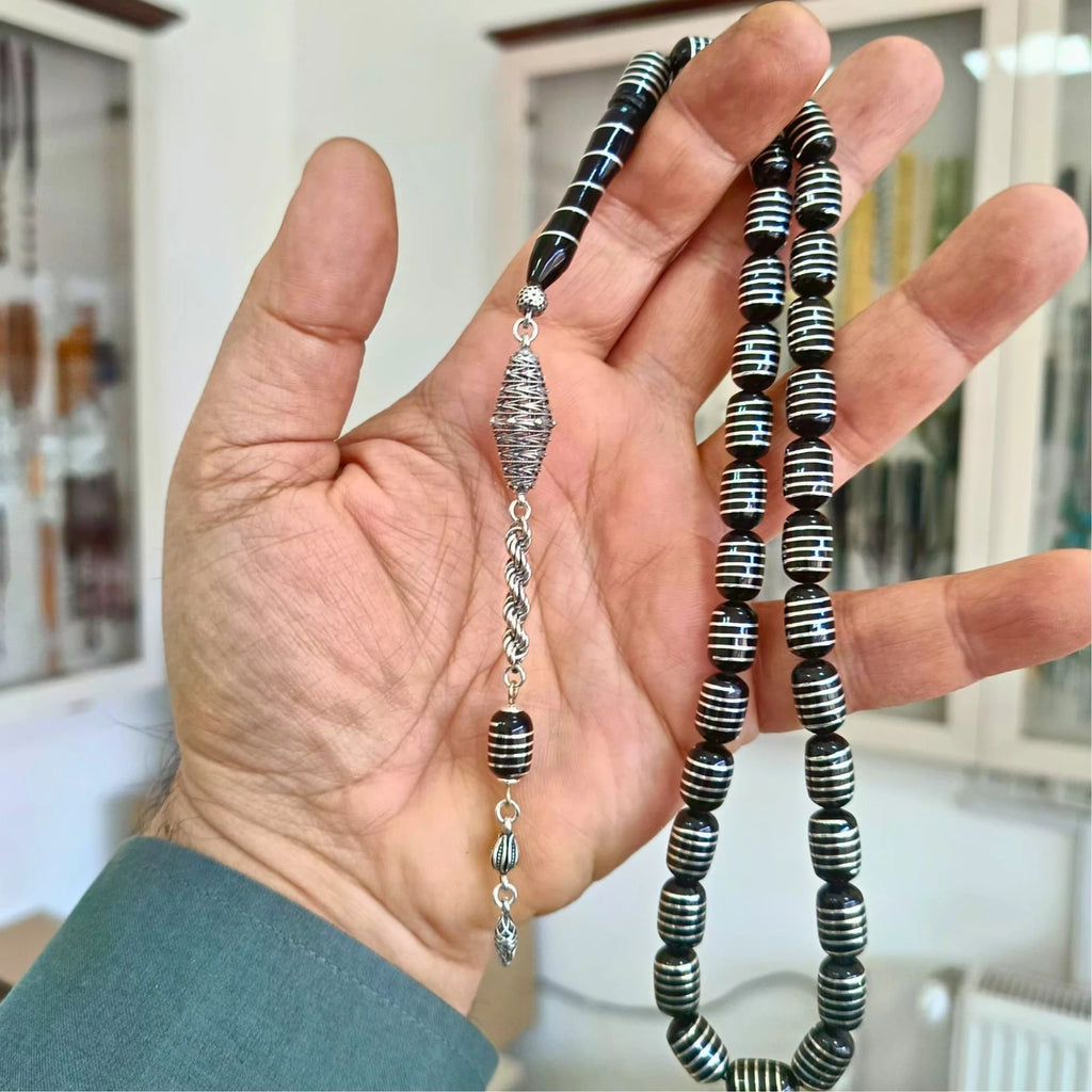 Gümüş Helezon İşlemeli Sertifikalı Erzurum Oltu Taşı Tesbih 8 X 12 mm