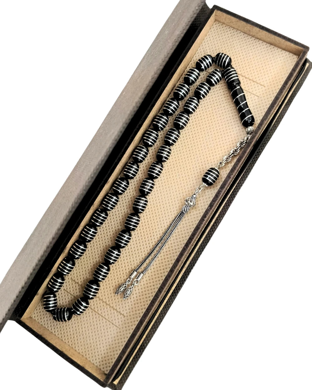 Gümüş Helezon İşlemeli Sertifikalı Erzurum Oltu Taşı Tesbih 8 X 12 mm