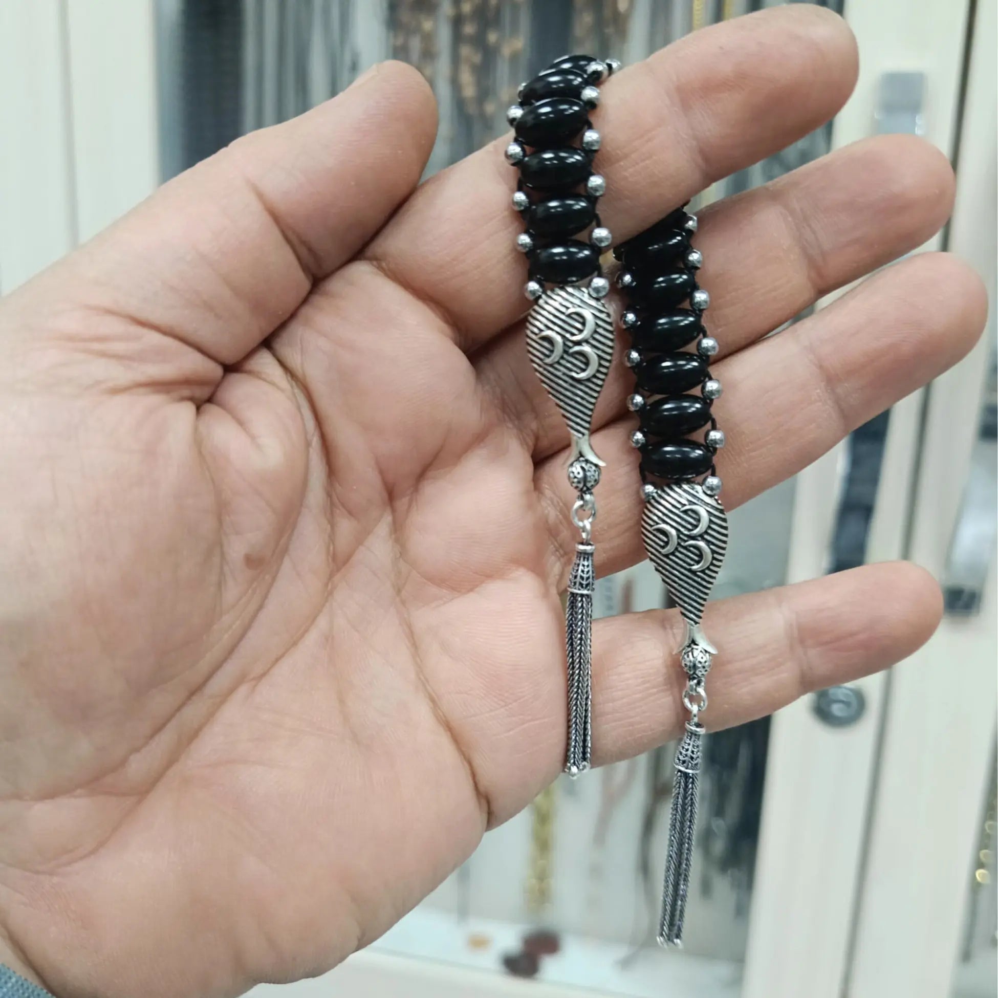 Hematit ve Gürcistan Oltu Taşı Gümüş Tasarım 3 Hilal Zaza Tesbih 25 cm