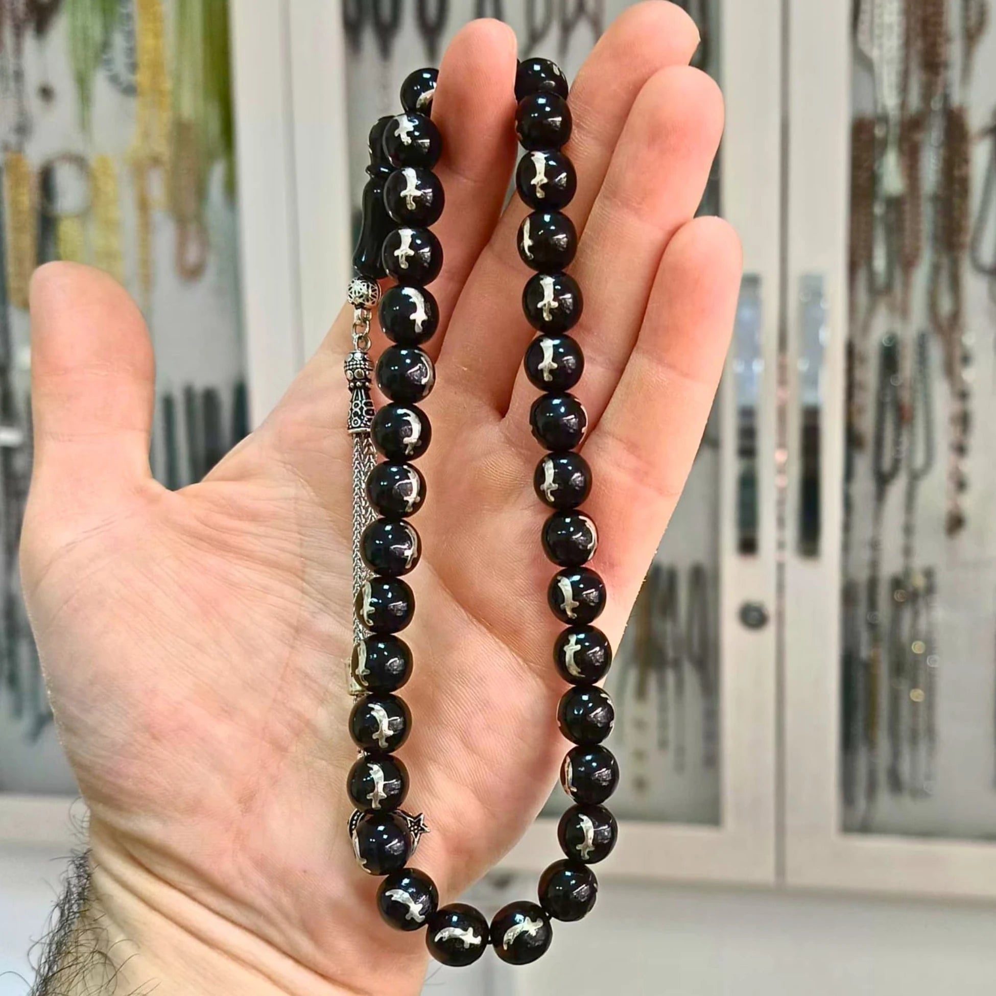 Küre Kesim Gümüş Zülfikar Kılıcı İşlemeli Oltu Taşı Tesbih 10 mm