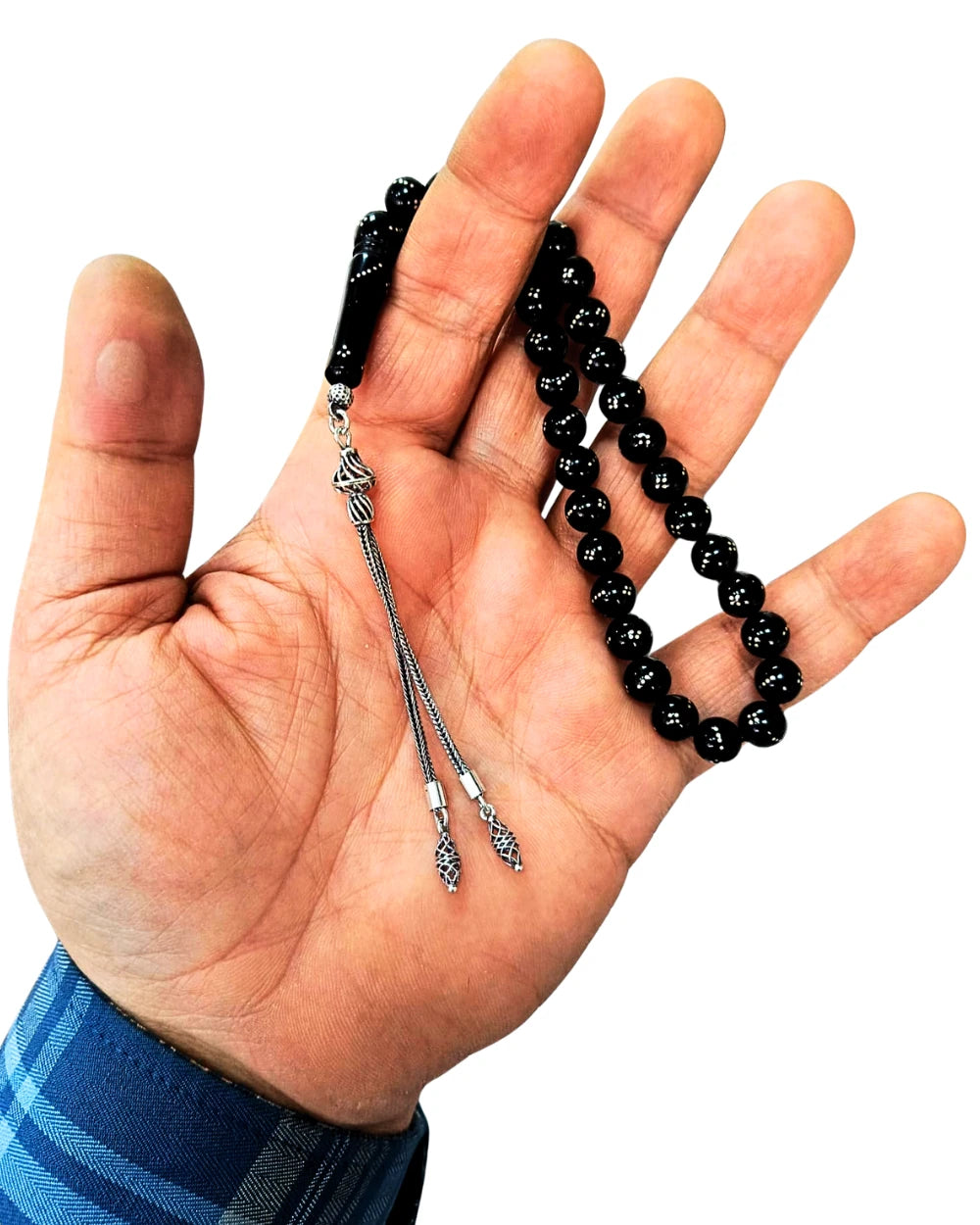 Gümüş İşlemeli Gümüş Püsküllü Sertifikalı Erzurum Oltu Taşı Bilek Boy Tesbih 8 mm