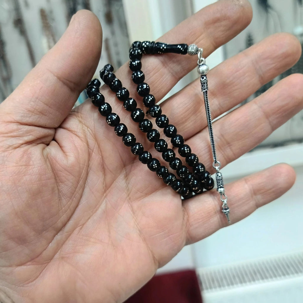 Gümüş İşlemeli Gürcistan Oltu Taşı Namaz Dua Zikir Tesbihi 6 mm
