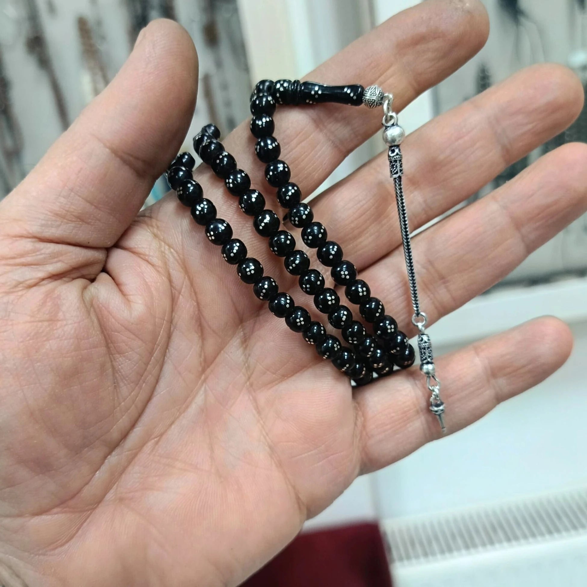 Gümüş İşlemeli Gürcistan Oltu Taşı Namaz Dua Zikir Tesbihi 6 mm