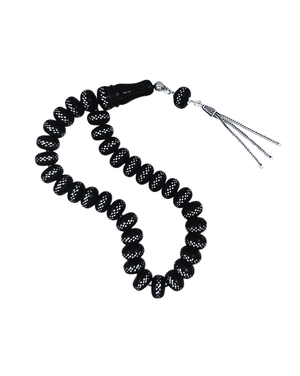 Gümüş Püsküllü Gümüş İŞlemeli Bilek Boy Tekerlek Kesim Gürcistan Oltu Taşı Tesbih 12 x 7 mm