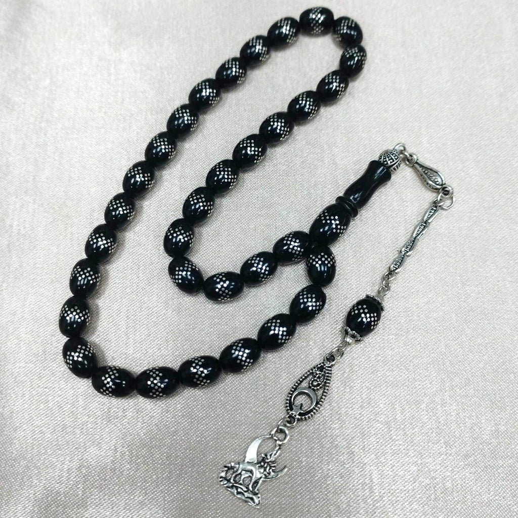 Yoğun Gümüş İşlemeli Oltu Tesbih 8 X 10 mm