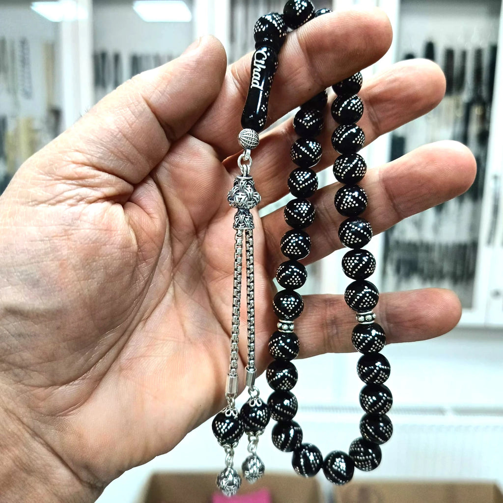 Yoğun Gümüş İşlemeli Gümüş Püsküllü Sertifikalı Erzurum Oltu Taşı Tesbih 10 mm