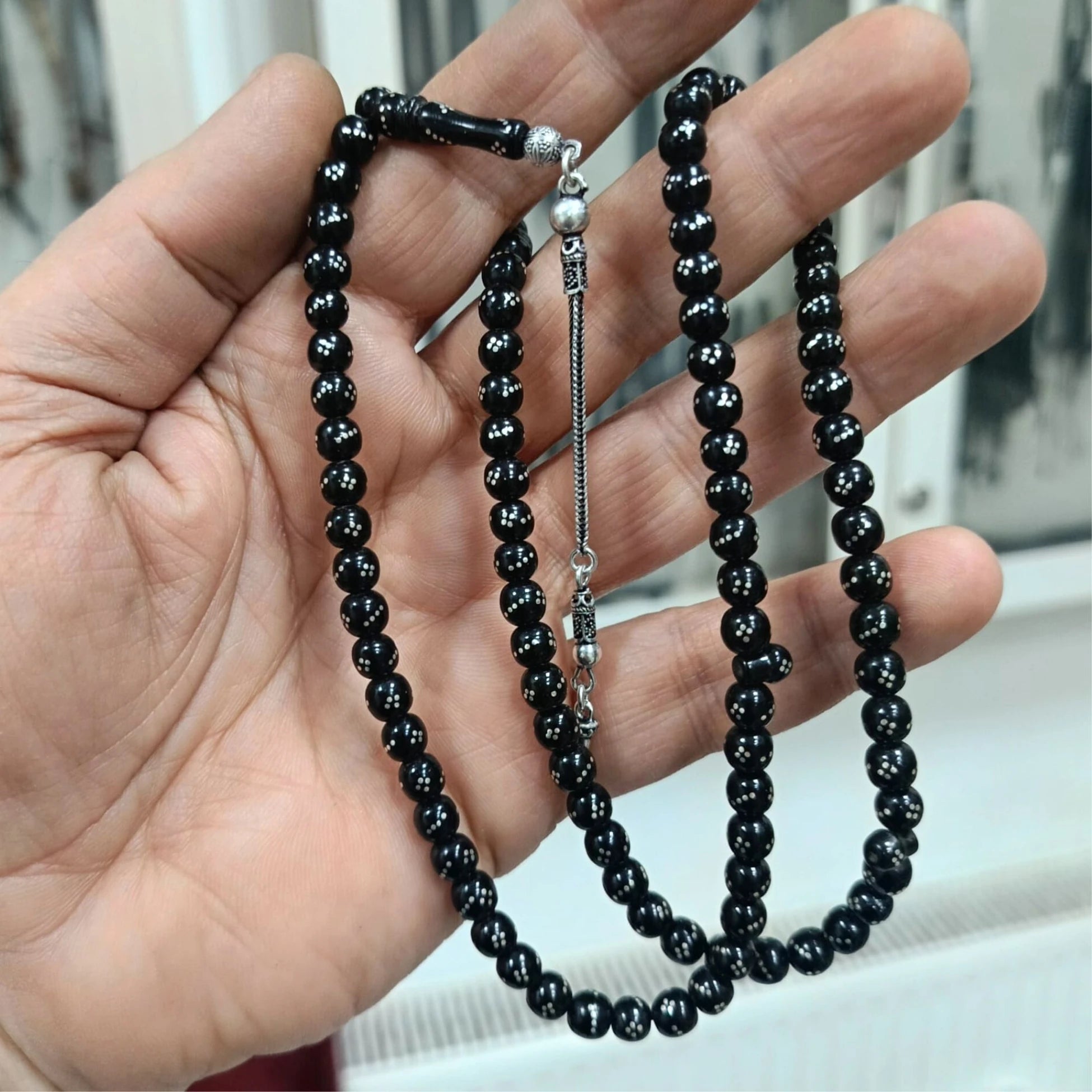 Gümüş İşlemeli Gürcistan Oltu Taşı Namaz Dua Zikir Tesbihi 6 mm