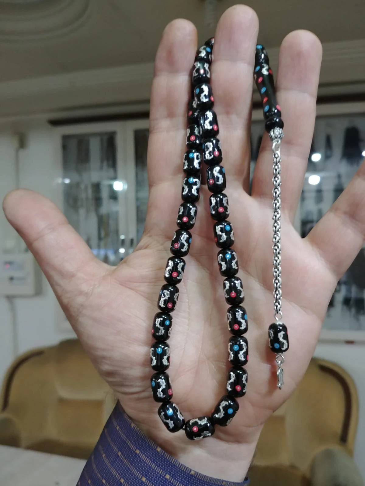 Özel Seri Sertifikalı Erzurum Oltu Taşı Gümüş İşlemeli Tesbih