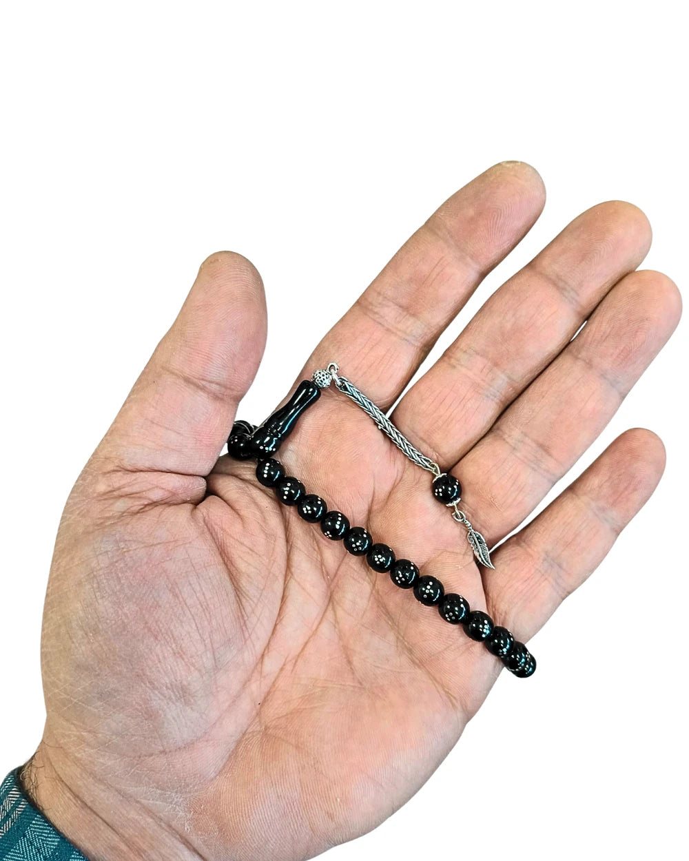 Gümüş İşlemeli Gümüş Püsküllü 4 Parmak Gürcistan Oltu Tesbih 7 mm