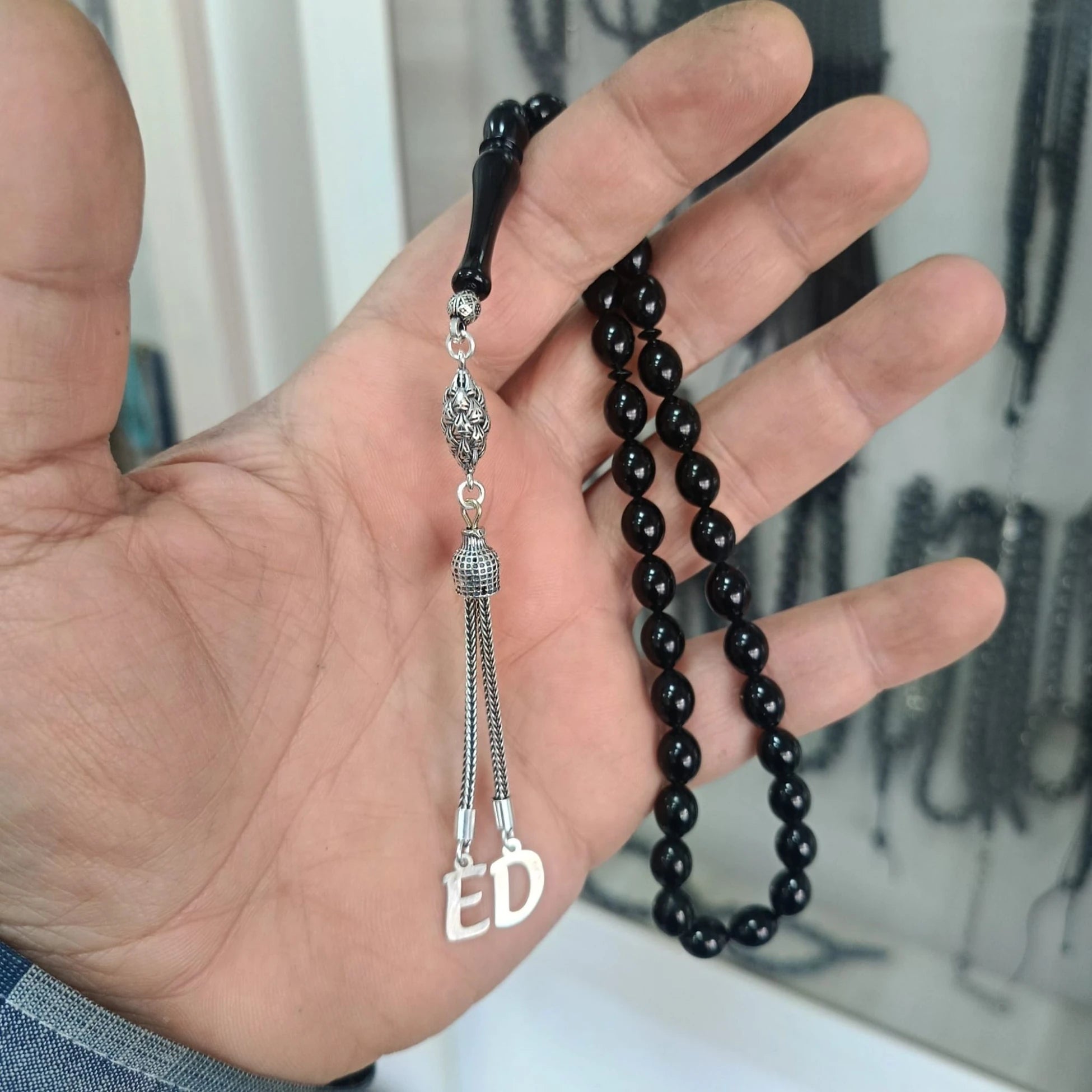 Arpa Kesim Harfli Gümüş Püsküllü Erzurum Oltu Taşı Tesbih 7 x 9 mm
