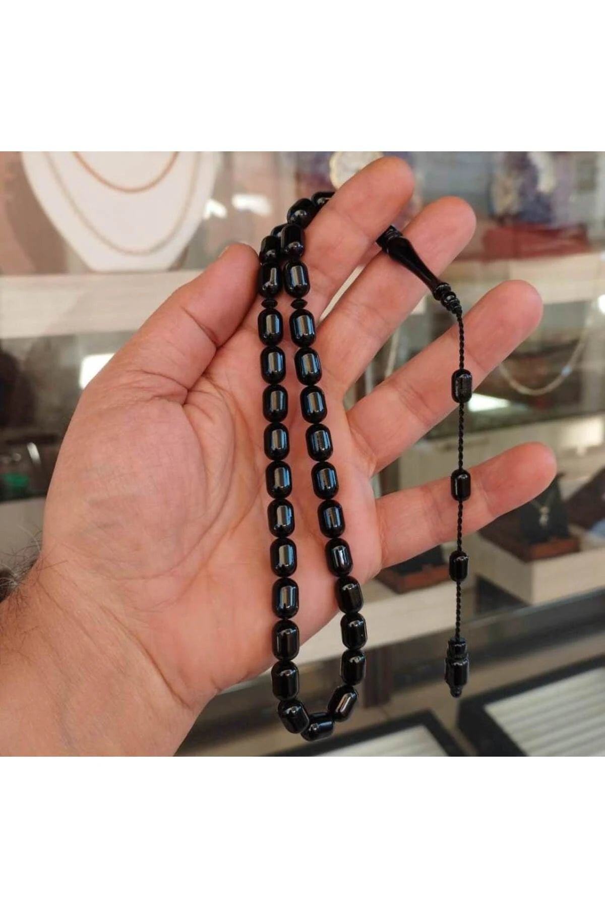Erkek Siyah Kapsül Kesim Erzurum Oltu Taşı Tesbih Sistemli Kumpaslı 8 X 12 Mm