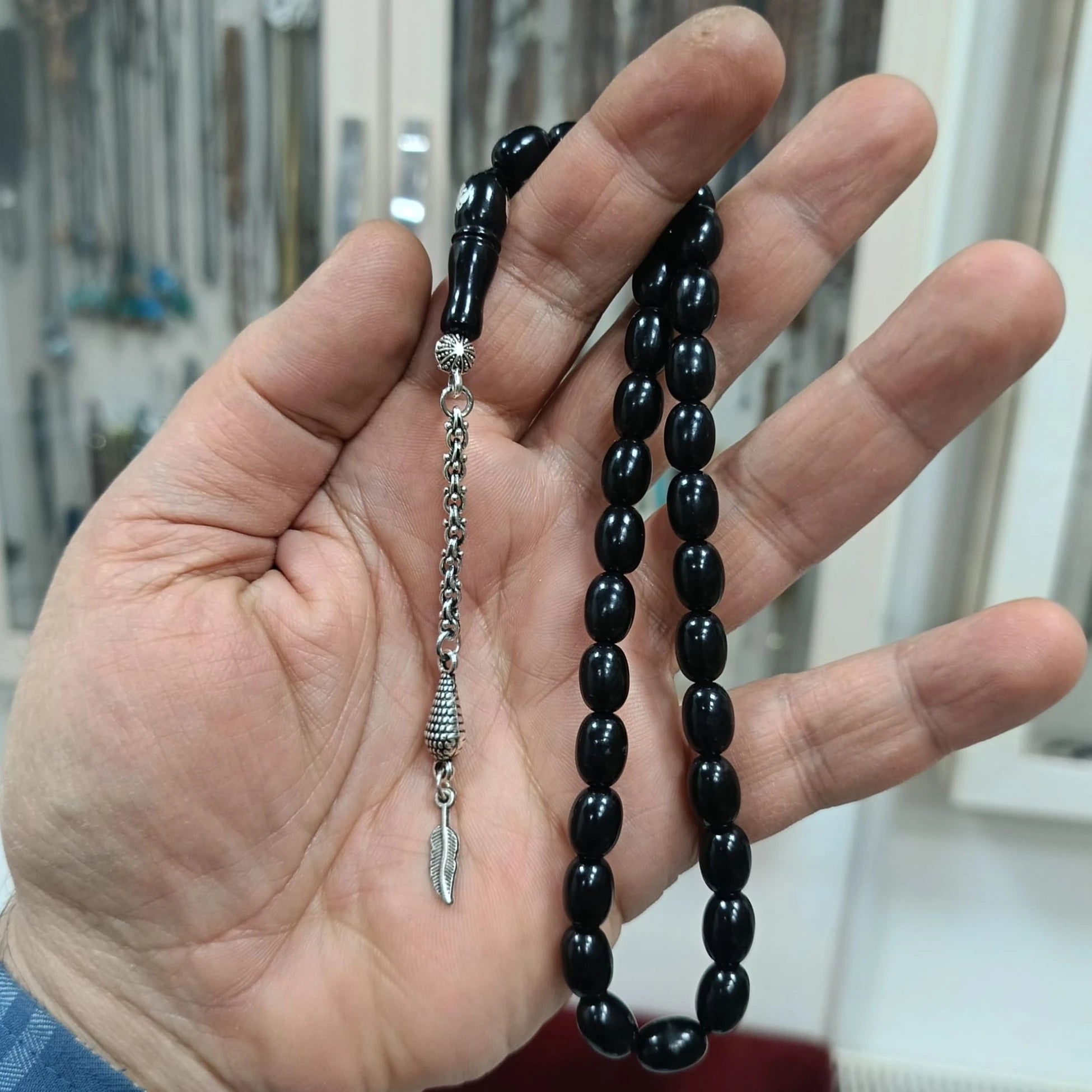 İmameye Çift Başlı Kartal İşlemeli Gürcistan Oltu Tesbih 8X10 mm