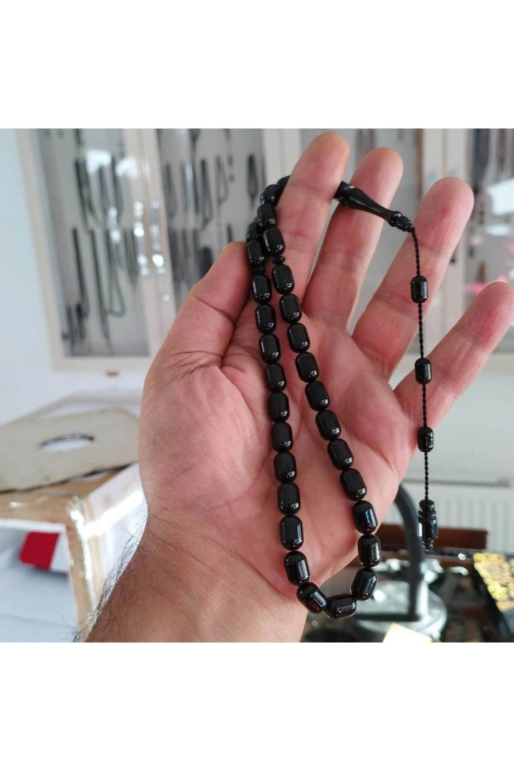 Erkek Siyah Kapsül Kesim Erzurum Oltu Taşı Tesbih Sistemli Kumpaslı 8 X 12 Mm