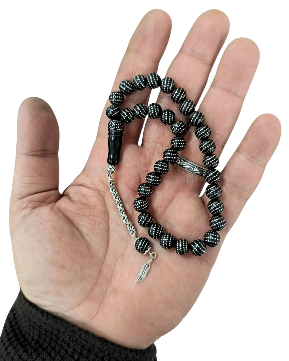 Gümüş Çeşmi Bülbül İşlemeli Gürcistan Oltu Taşı Bilek Boy Tesbih 8 mm