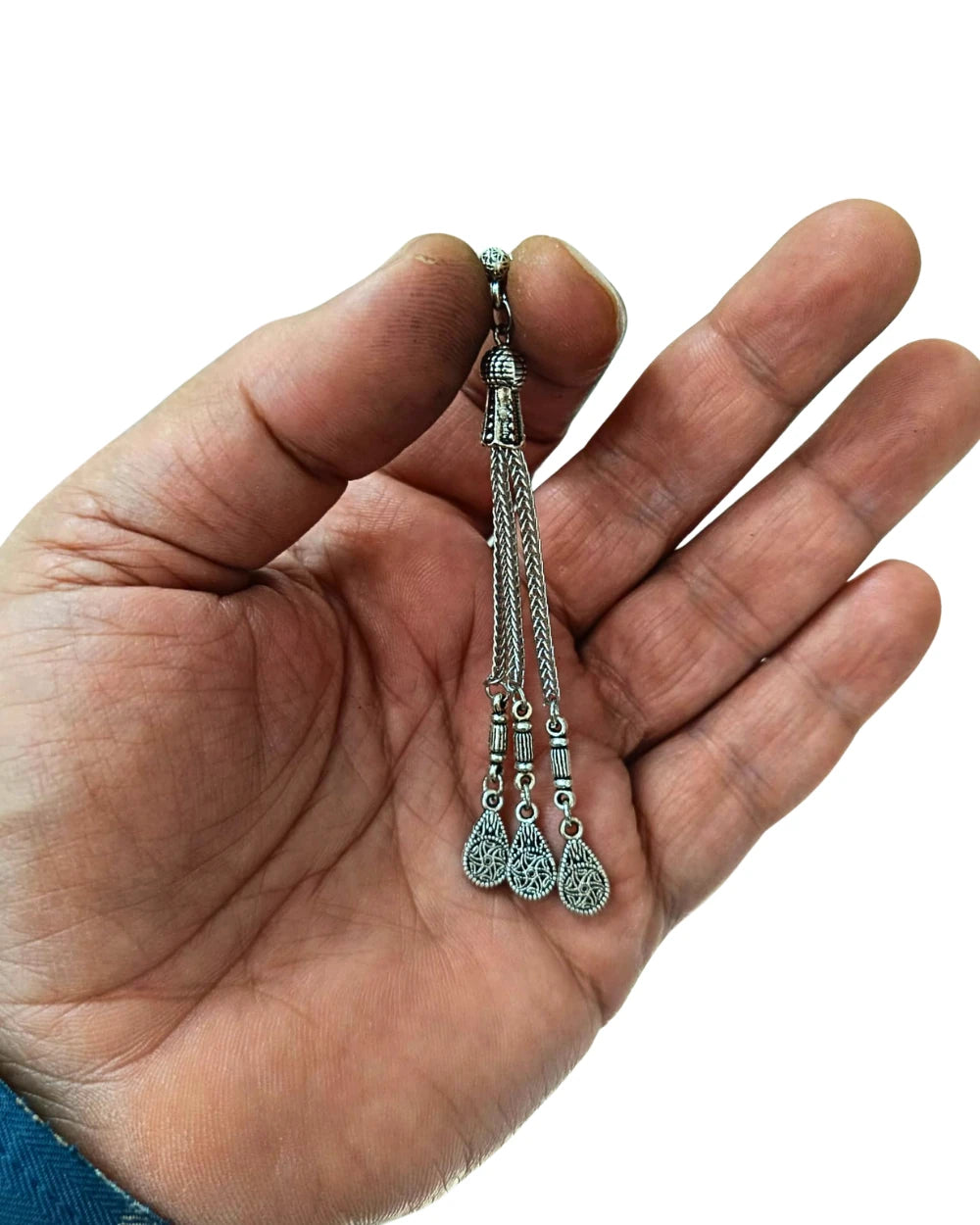 3 Dal Damla Desen Gümüş Kaplama Tesbih Püskülü 8 cm