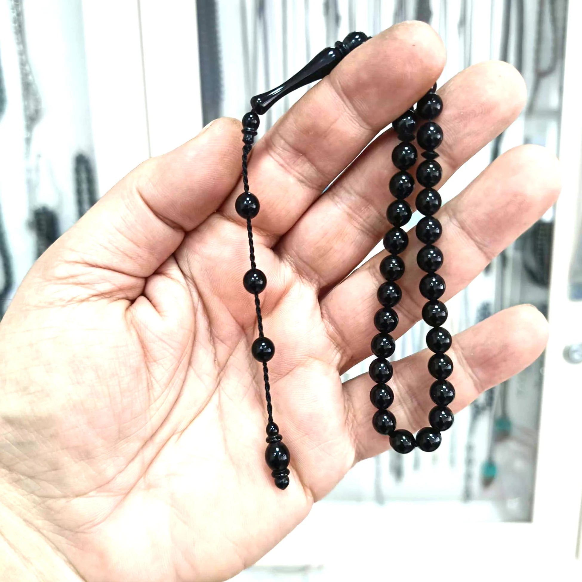 Usta İşi Sistemli Kumpaslı Bilek Boy Sertifikalı Erzurum Oltu Taşı Tesbih 6,5 x 7 mm