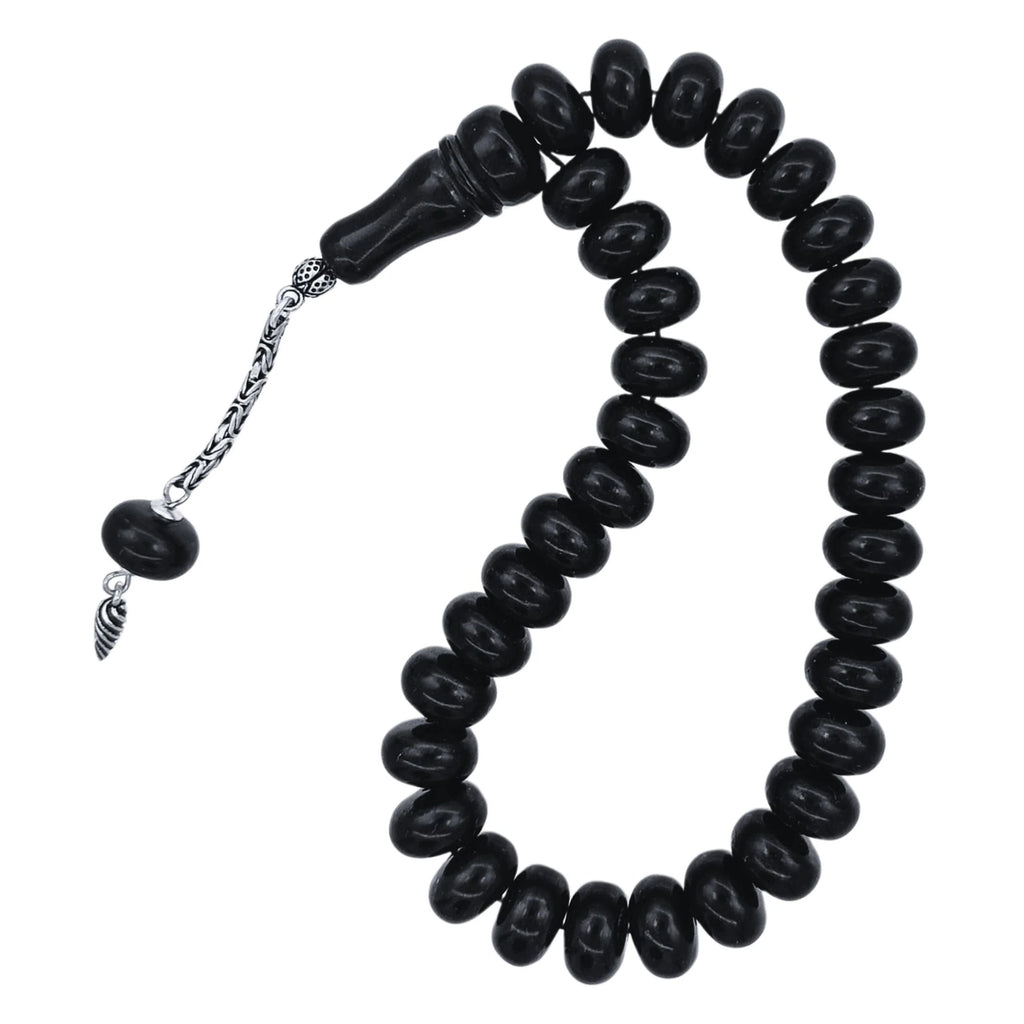 Gümüş Püsküllü Bilek Boy Gürcistan Oltu Taşı Tesbih 12 x 7 mm