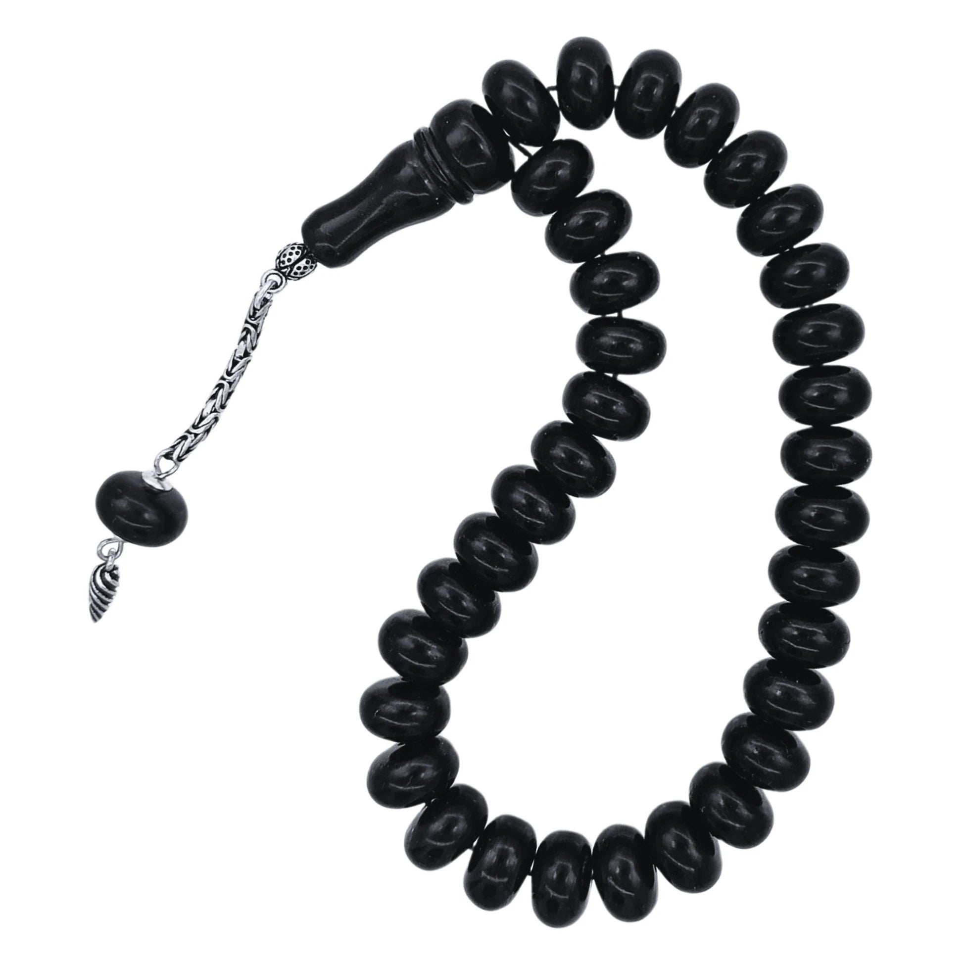 Gümüş Püsküllü Bilek Boy Gürcistan Oltu Taşı Tesbih 12 x 7 mm