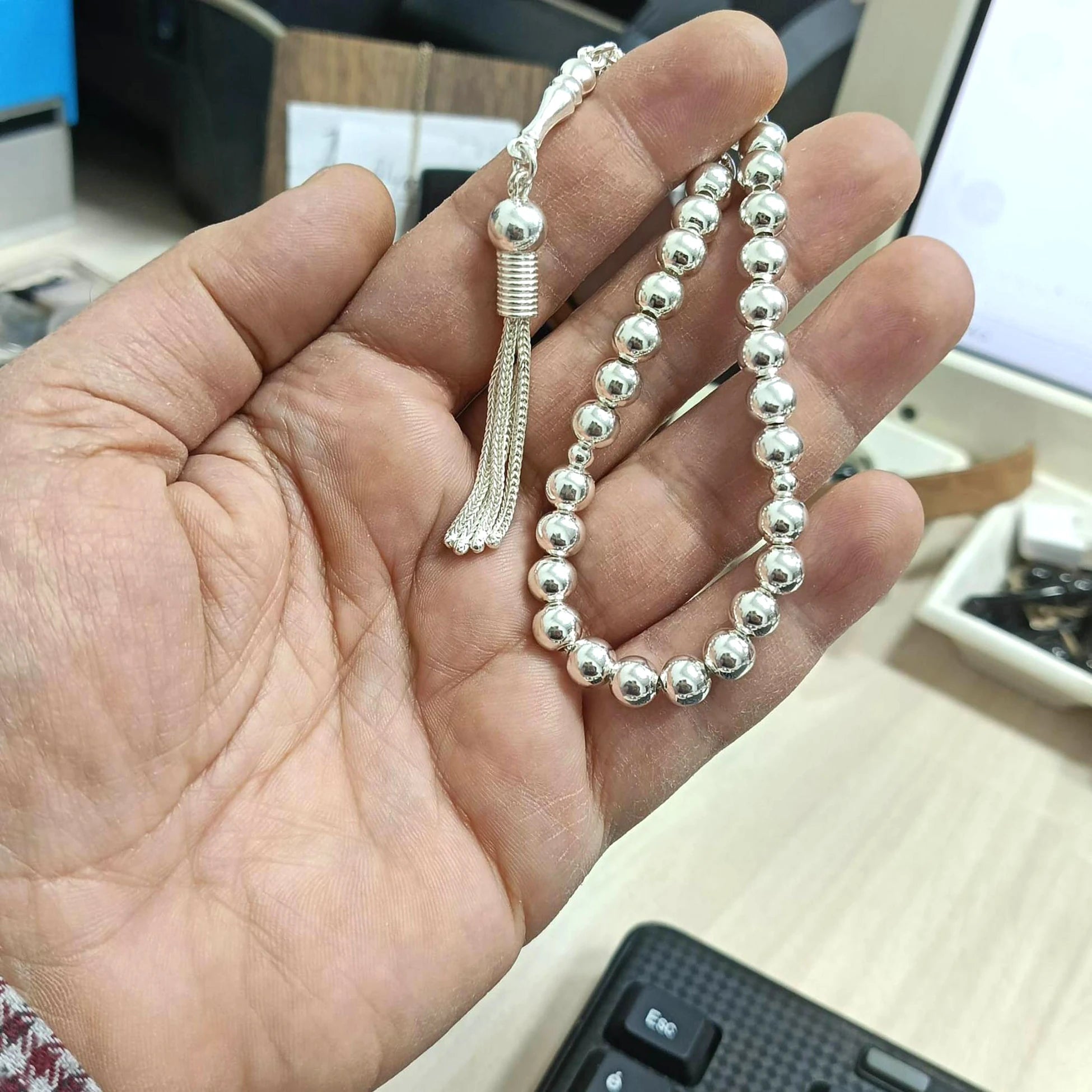 925 Ayar Küre Kesim Gerçek Gümüş Tesbih 7 mm