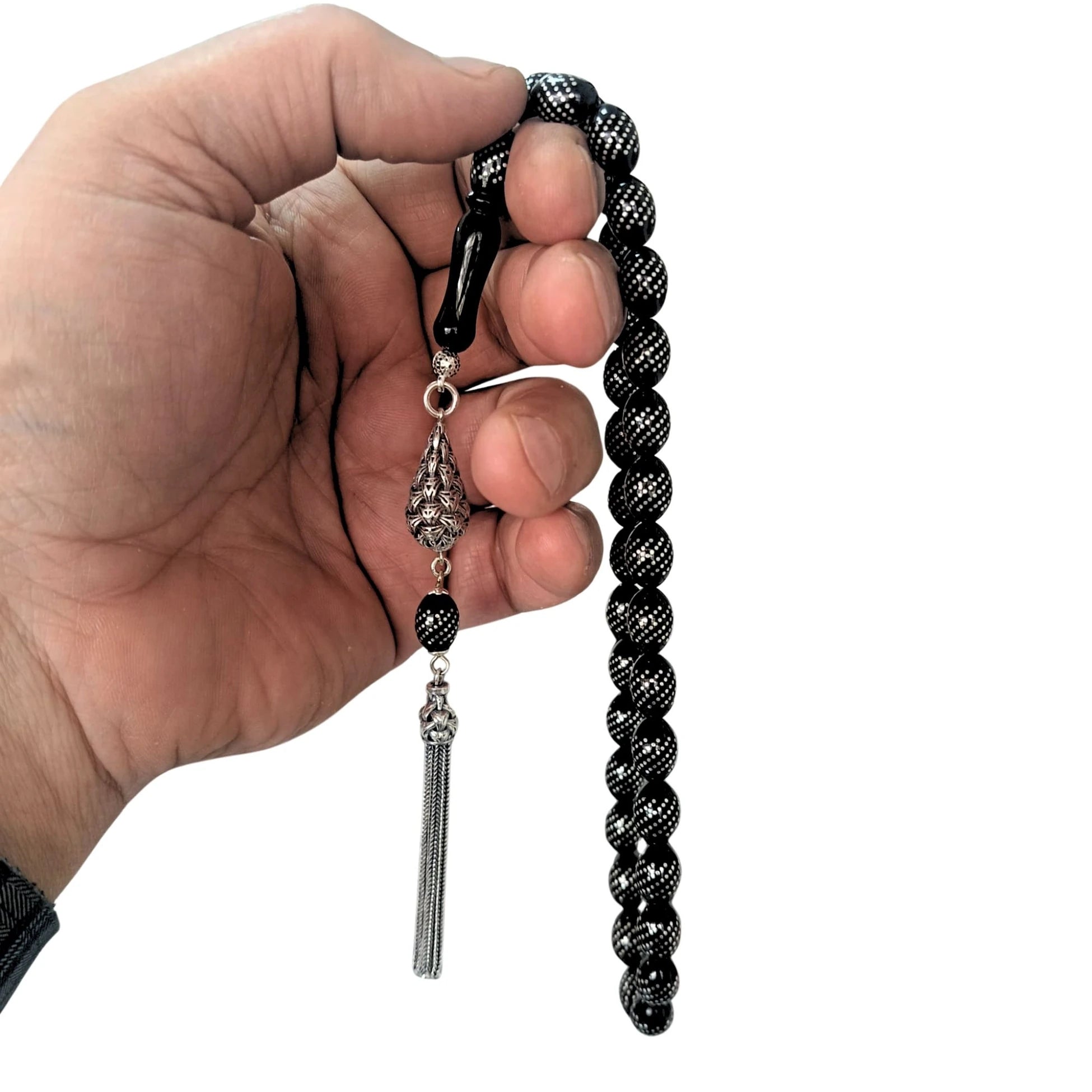 Özel Tasarım Yoğun Gümüş İşlemeli Sertifikalı Erzurum Oltu Taşı Tesbih 8 X 11 mm