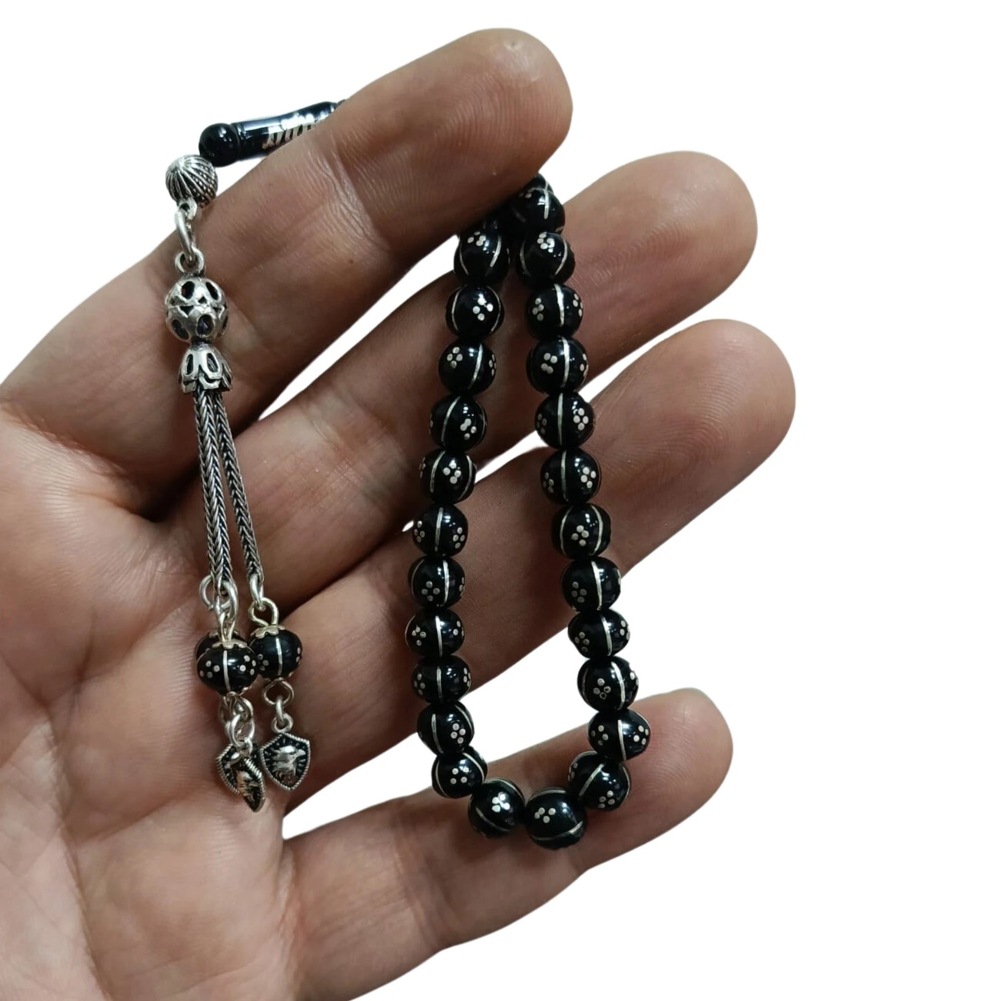 Gümüş İşlemeli Gümüş Püsküllü Sertifikalı Erzurum Oltu Taşı Mini Tesbih
