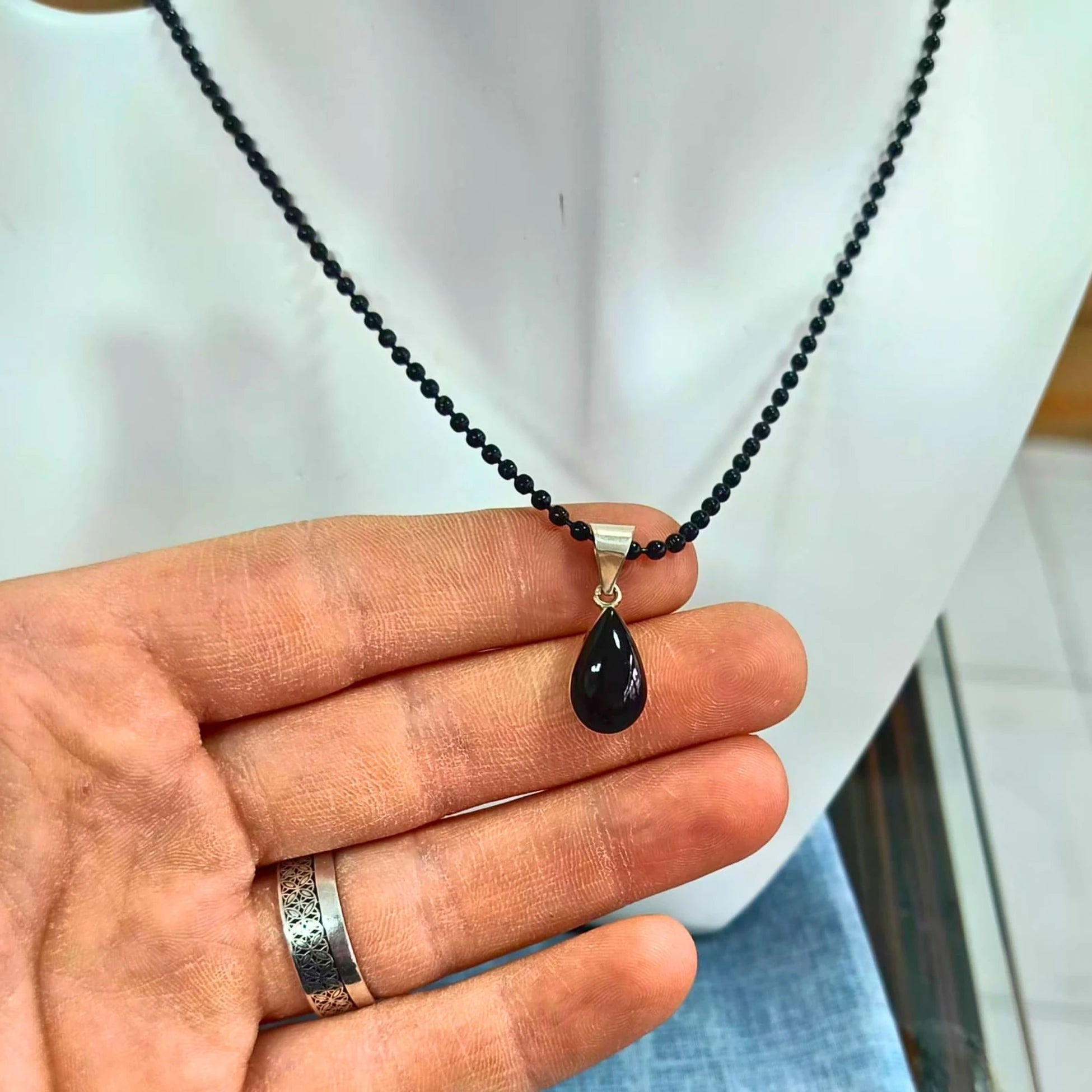 925 Ayar Gümüş Tasarım Damla Kesim Oltu Taşı Kolye