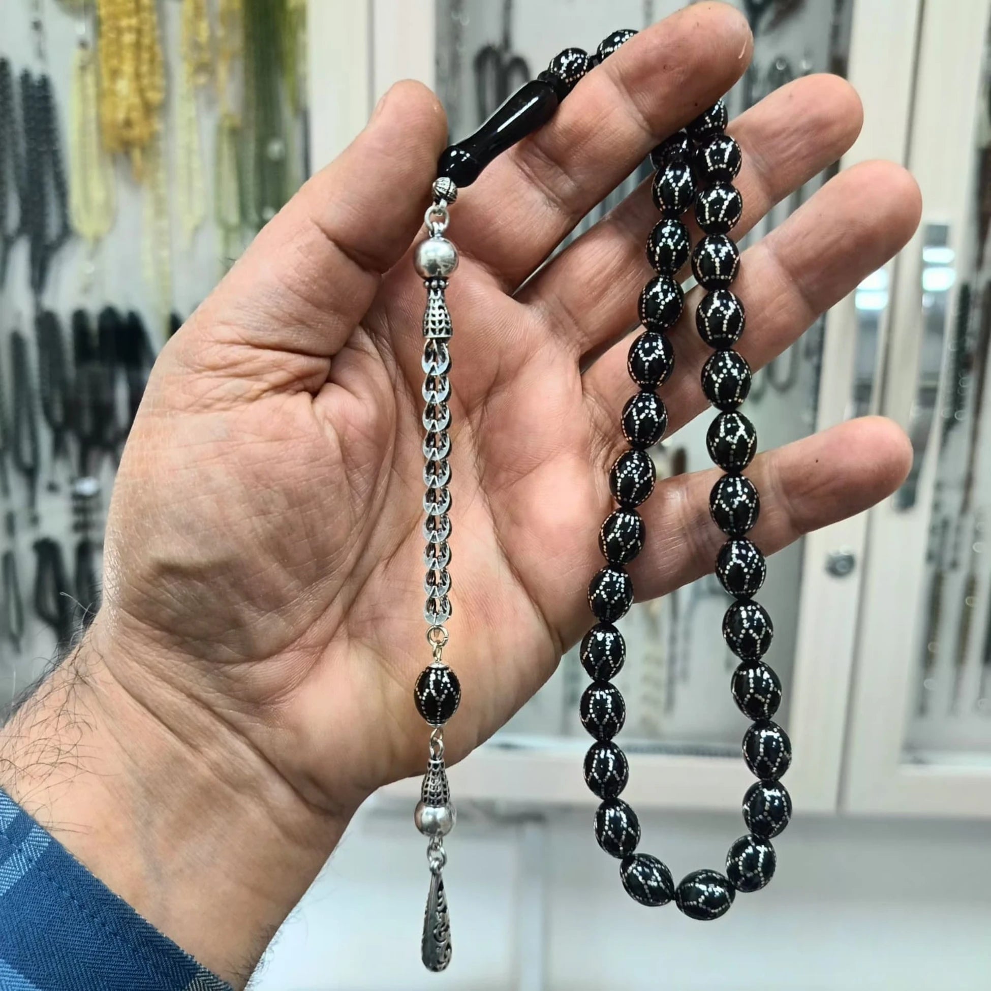 Gümüş Petek İşlemeli Sertifikalı Erzurum Oltu Taşı Tesbih 9 X 12 mm