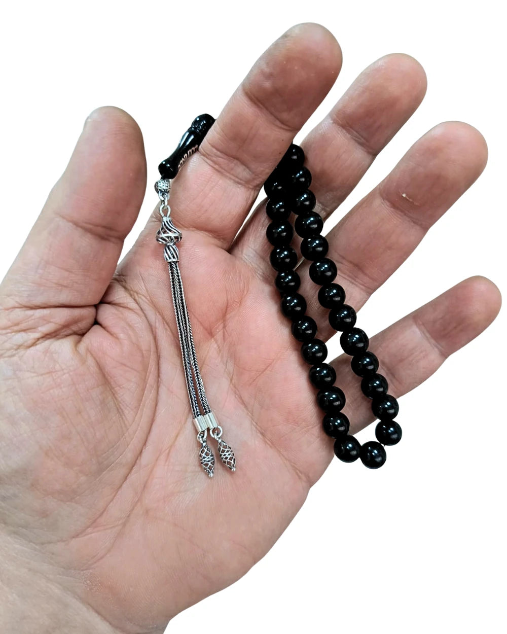925 Ayar Gümüş Püsküllü Sertifikalı Erzurum Oltu Taşı Bilek Boy Tesbih 8 mm