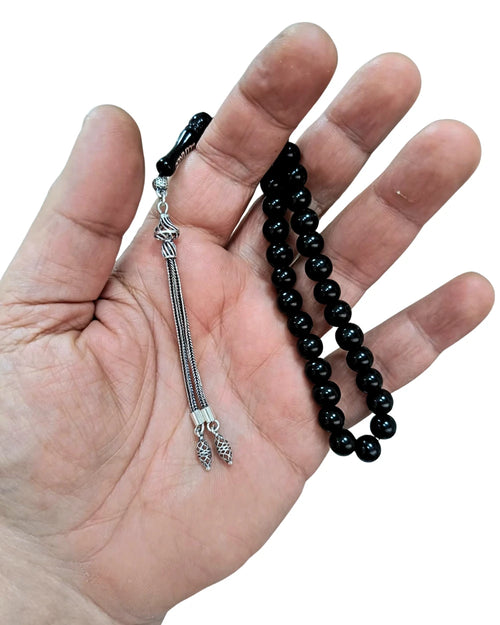 925 Ayar Gümüş Püsküllü Sertifikalı Erzurum Oltu Taşı Bilek Boy Tesbih 8 mm