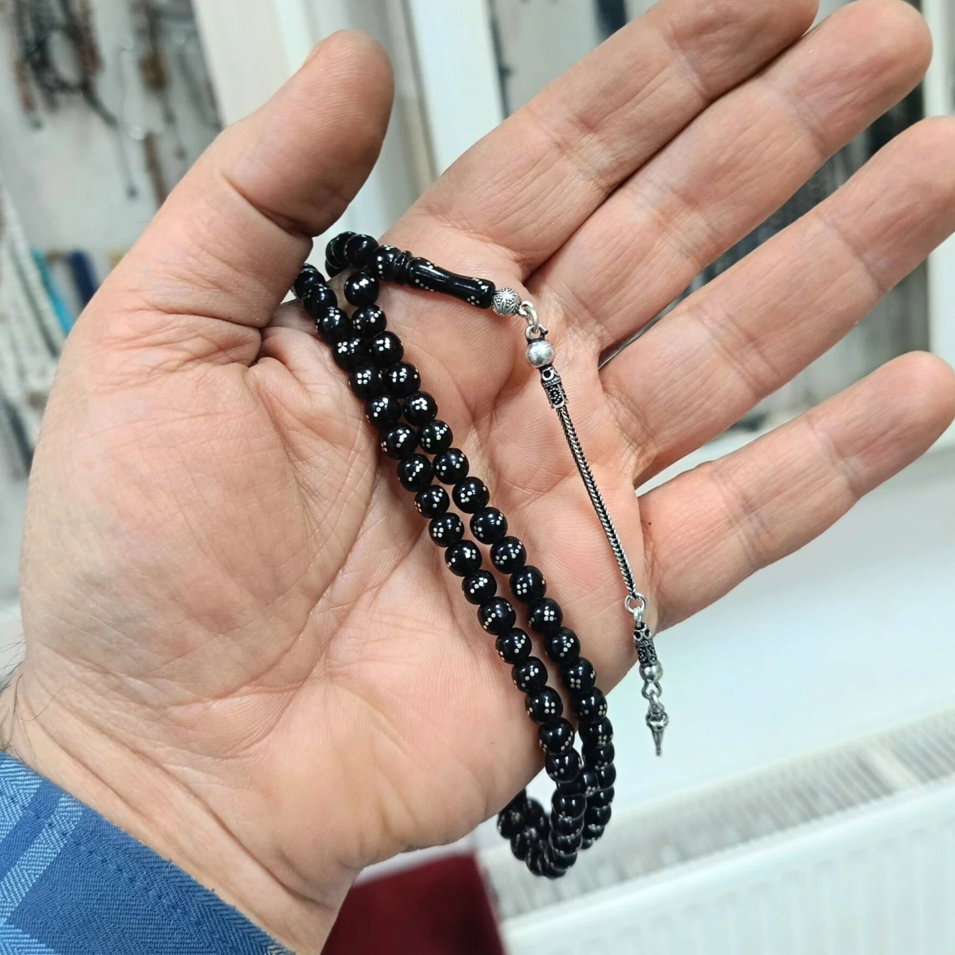Gümüş İşlemeli Gürcistan Oltu Taşı Namaz Dua Zikir Tesbihi 6 mm