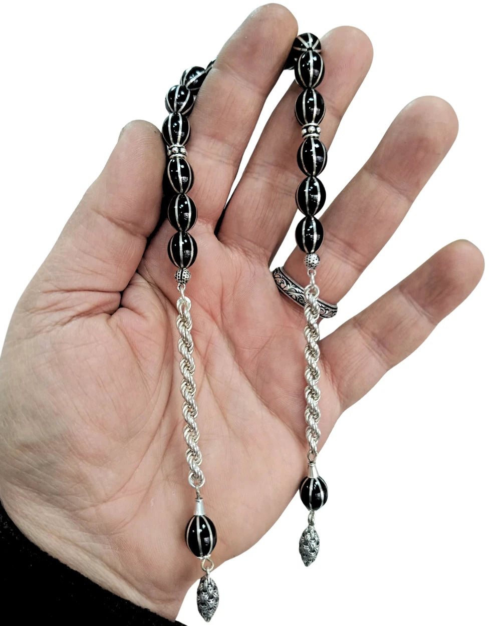Gümüş Karpuz Dilimi İşlemeli Erzurum Oltu Taşı Zaza Tesbih 36 cm
